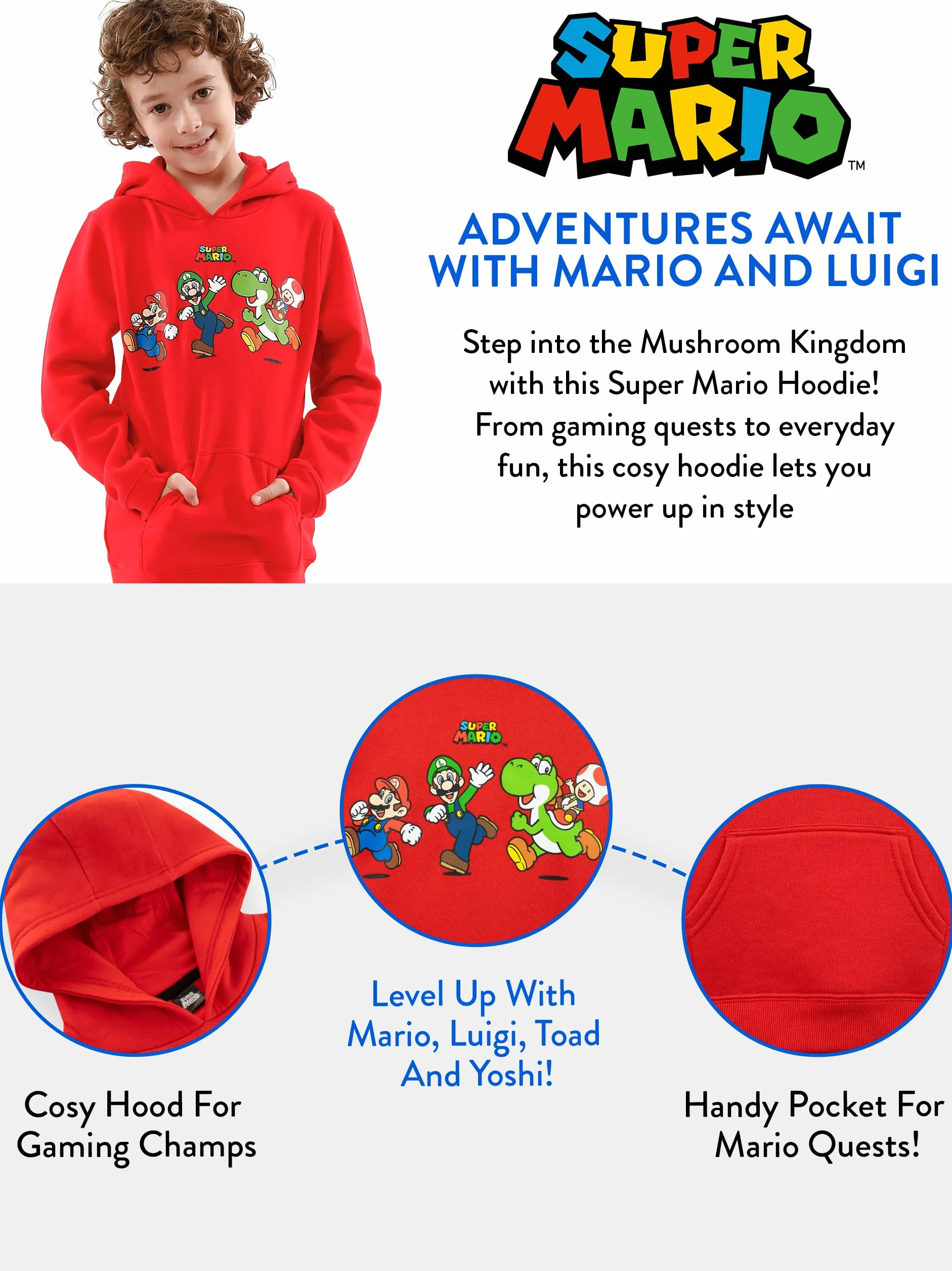Bluza z kapturem Super Mario | Chłopięca bluza z kapturem Mario i Luigi | Bluzy chłopięce Yoshi | Oficjalne towary Mario
