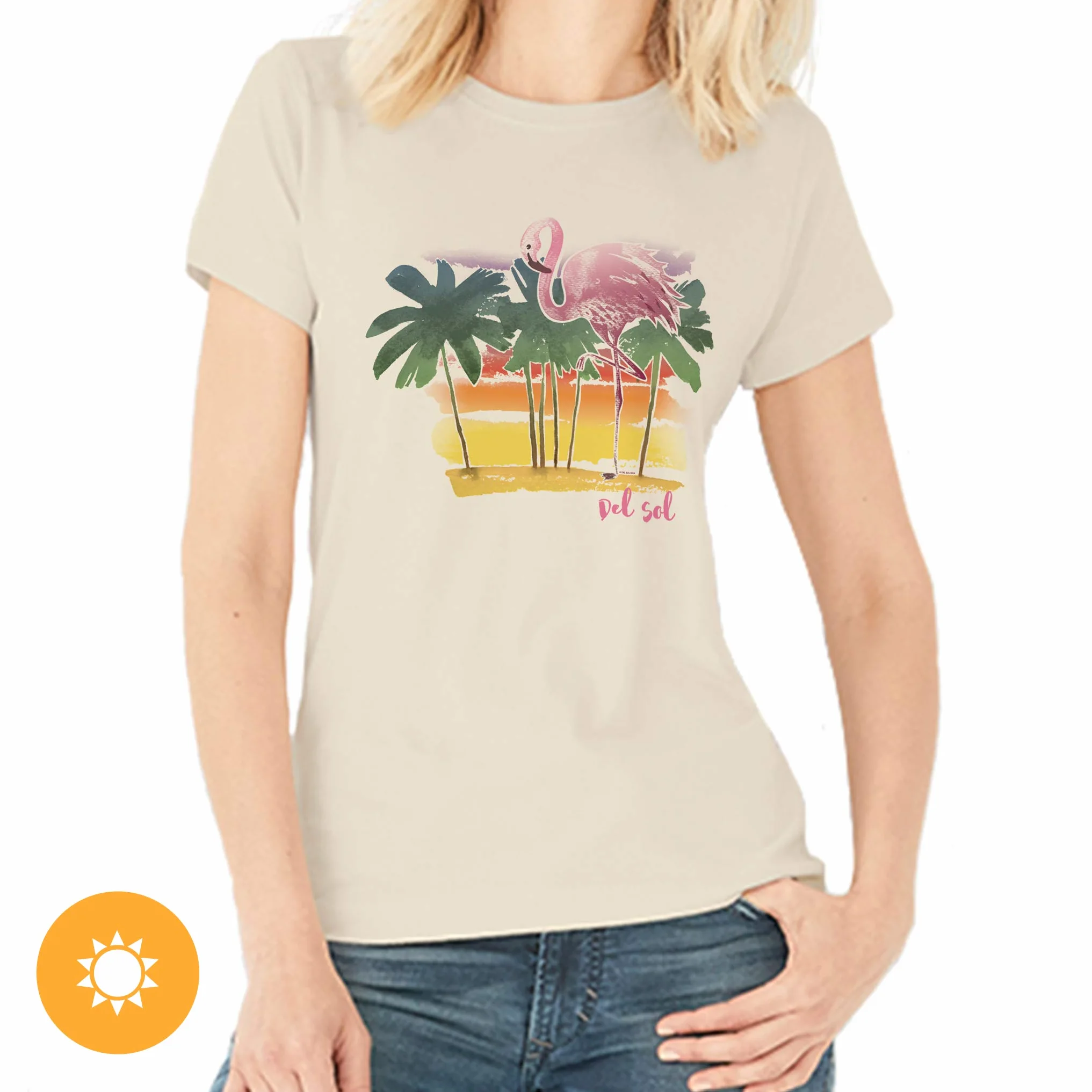 Del Sol Damska koszulka chłopięca - akwarela flaming, naturalny T-shirt - zmienia się z różowego i czarnego na żywe kolory na słońcu - 100% czesana, bawełna ring-spun, cienka koszulka - rozmiar S