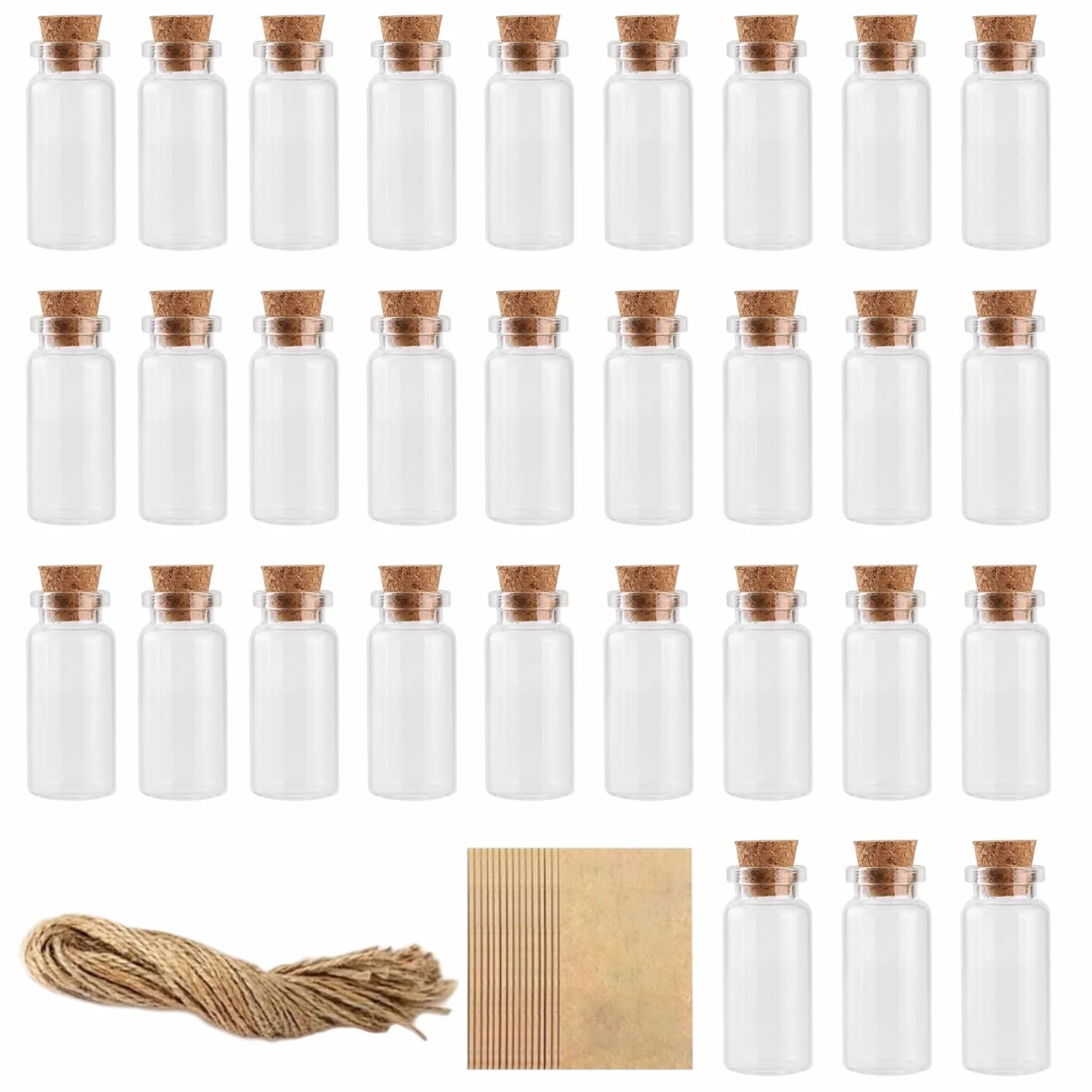 30 szt. 10 ml mini buteleczki szklane na życzenie, małe probówki z korkiem, butelka na wiadomości, 30 linek konopnych, 30 kart z etykietami na wesele, do dekoracji, na życzenie