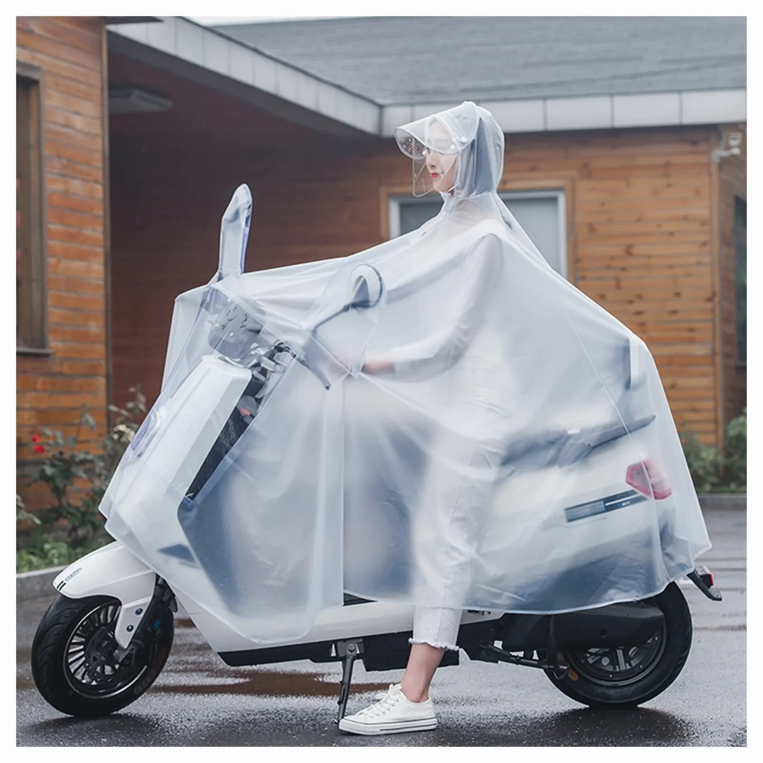 Peleryna przeciwdeszczowa rowerowa Poncho przeciwdeszczowe z kapturem z PVC Wiatroszczelne unisex na rower Ebike Motocyklowy pokrowiec na hulajnogę(White,Full)