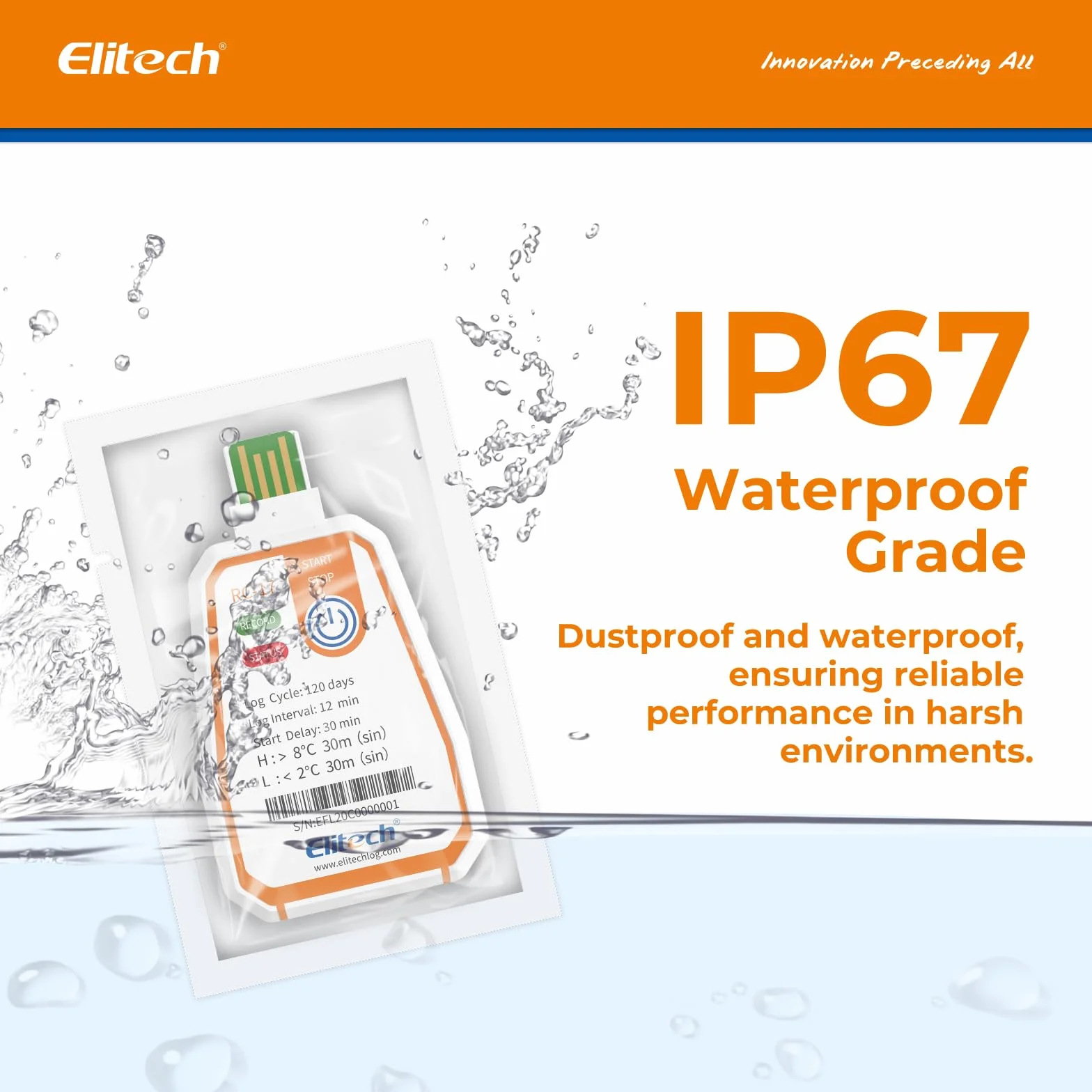 Elitech RC-17 Jednorazowy rejestrator temperatury USB 180 dni ciągłe nagrywanie 16000 rekordów w zakresie żywności leczniczej i łańcuchów chłodzących ze szczepionką, funkcja alarmu, ochrona IP67
