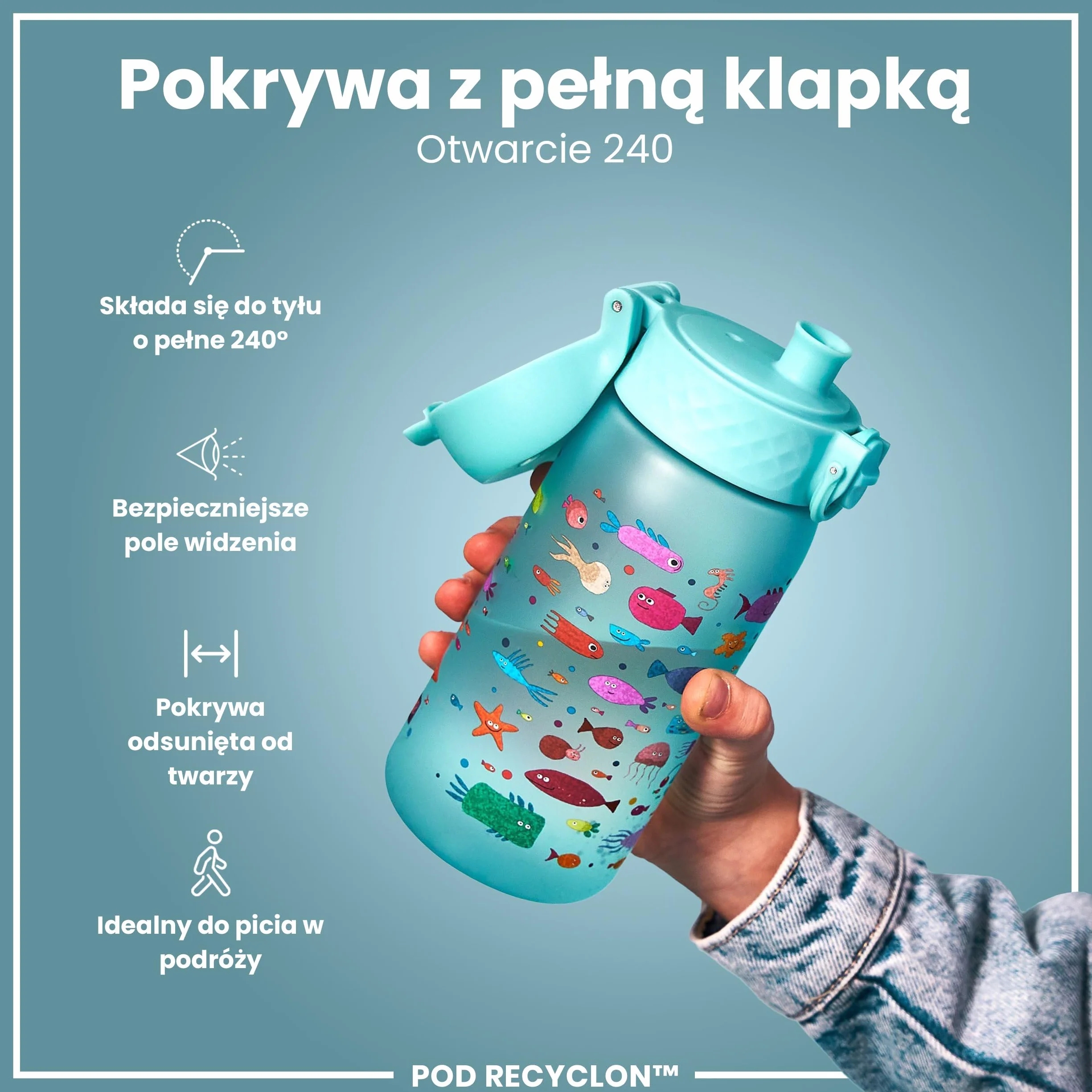 ION8 Butelka dla Dzieci, 350 ml/12 oz, Szczelna, Łatwa do Otwarcia, Bezpieczny Zamek, Można Myć w Zmywarce, Bez BPA, Uchwyt do Przenoszenia, Łatwa do Czyszczenia, Bezwonny, Wolna Ryba