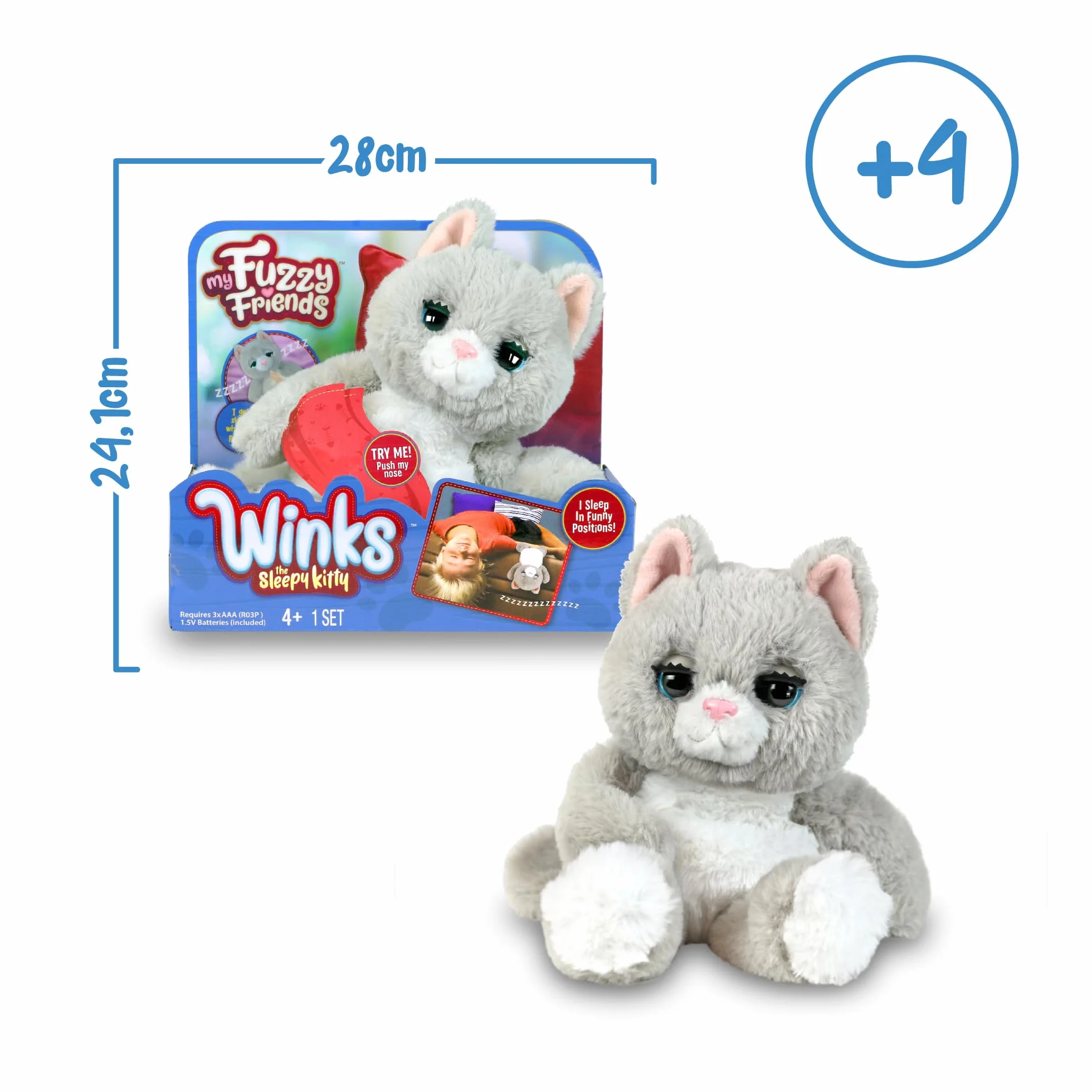 My Fuzzy Friends - Winks Śpiący Kot, interaktywna zabawka dla zwierząt, śpiący kot, reakcje i dźwięki, miękkie, miękkie i elastyczne, dla dzieci od 4 lat, słynny (MYE00111)