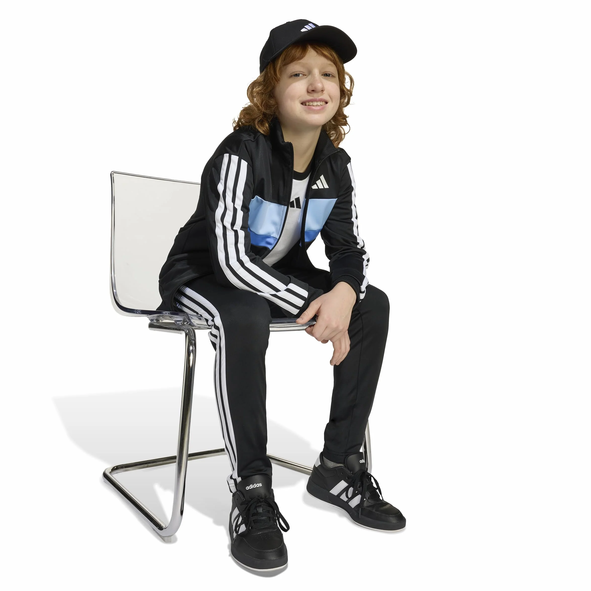 adidas Uniseks - dzieci SEASONAL ESSENTIALS TIBERIO 3 STRIPES TRICOT TRACKSUIT, black/glow blue/blue fusion/white, 13-14 Years