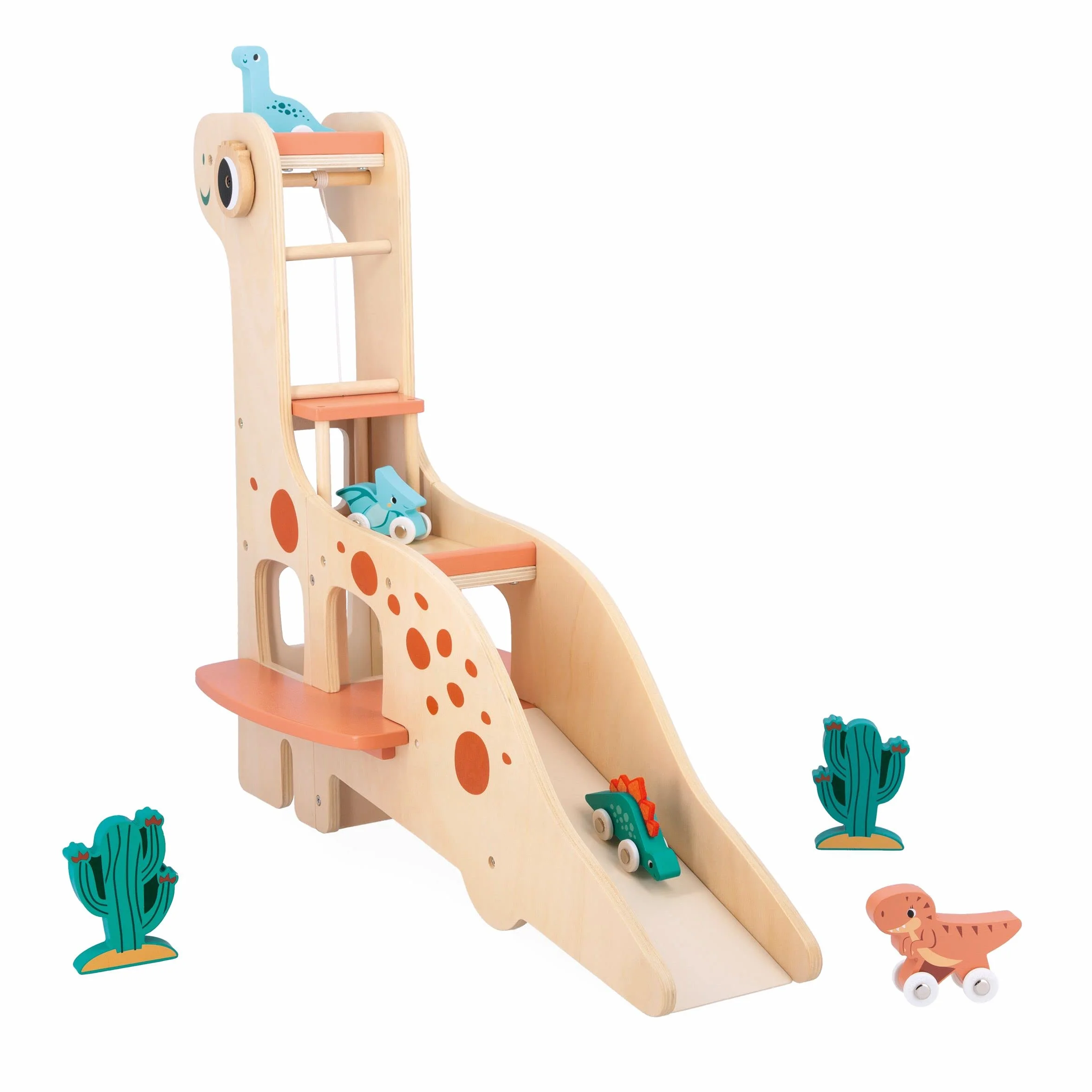 Janod Dinosaur Garaż Diplodocus dla dzieci-4 Dinos do pchania i 2 kaktusy - rozwija umiejętności motoryczne - drewniana zabawka FSC-od 24 miesięcy, J05835, Wielokolorowy