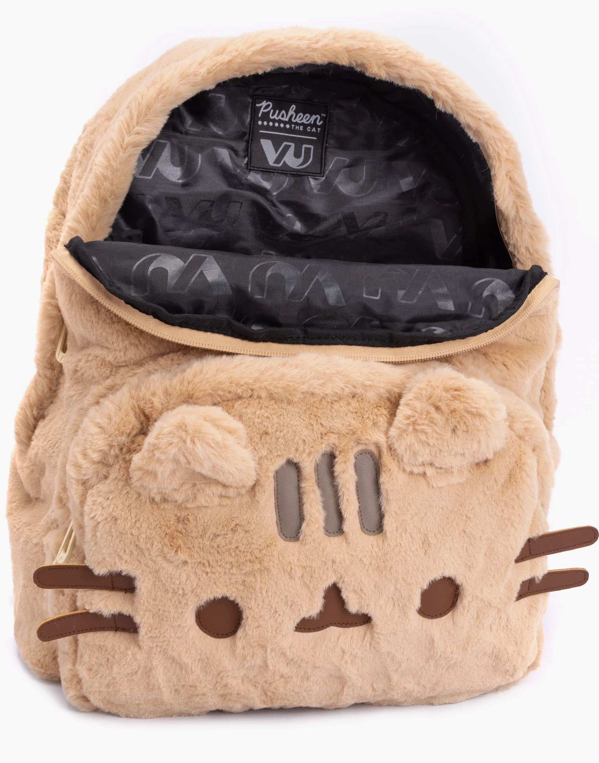 Pusheen Futrzany plecak dla dorosłych, nastolatków, dzieci, puszysty beżowy plecak z uszami i wąsami 3D, pręgowany kot, 40 cm, regulowane paski, jeden rozmiar, BEŻOWY, Rozmiar uniwersalny