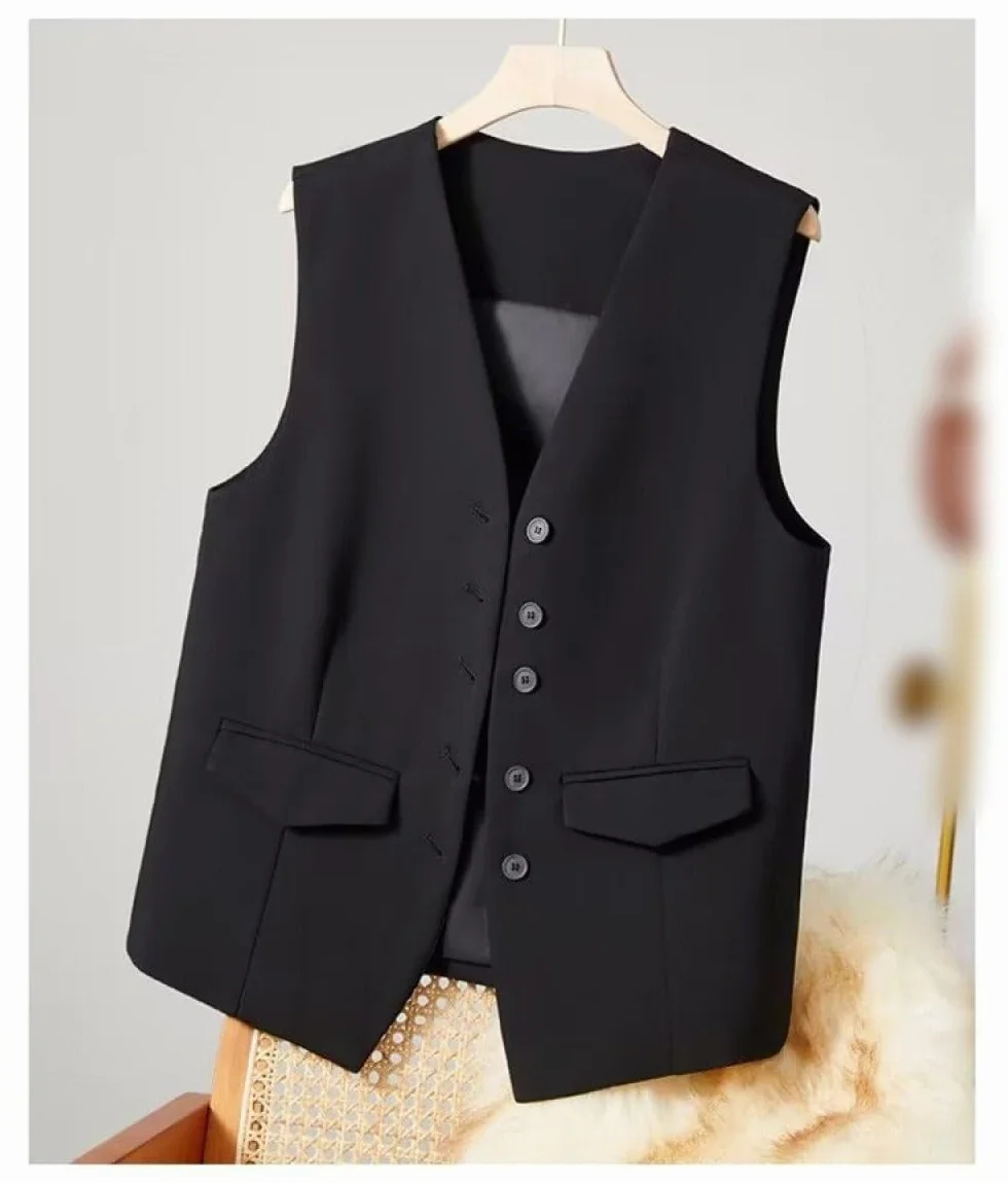 Damska kamizelka, blezer bez rękawów, elegancka, wąska kamizelka zapinana na guziki do pracy i biura, retro kamizelka na imprezę, dekolt w serek, elegancka kamizelka garniturowa, czarna, S
