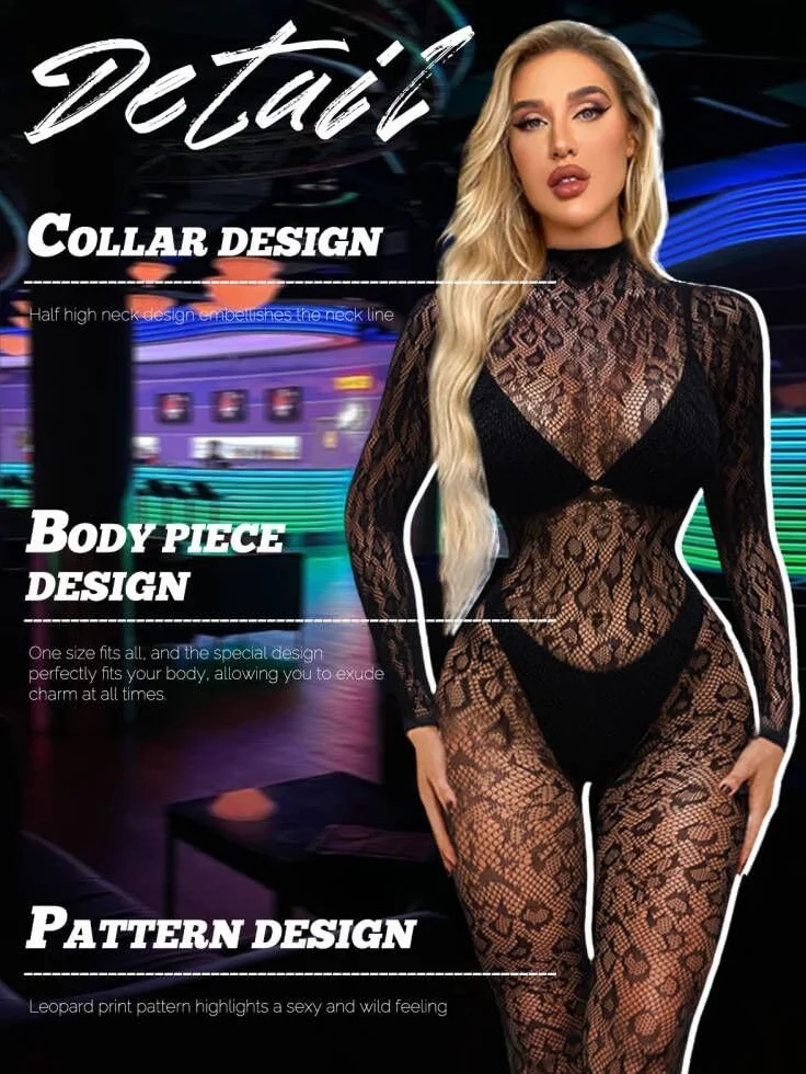 Buitifo Woman Sexy Lingerie Bodysuit Fishnet Body Stocking Leopard Jumpsuit Rave Outfits(Black2,M)