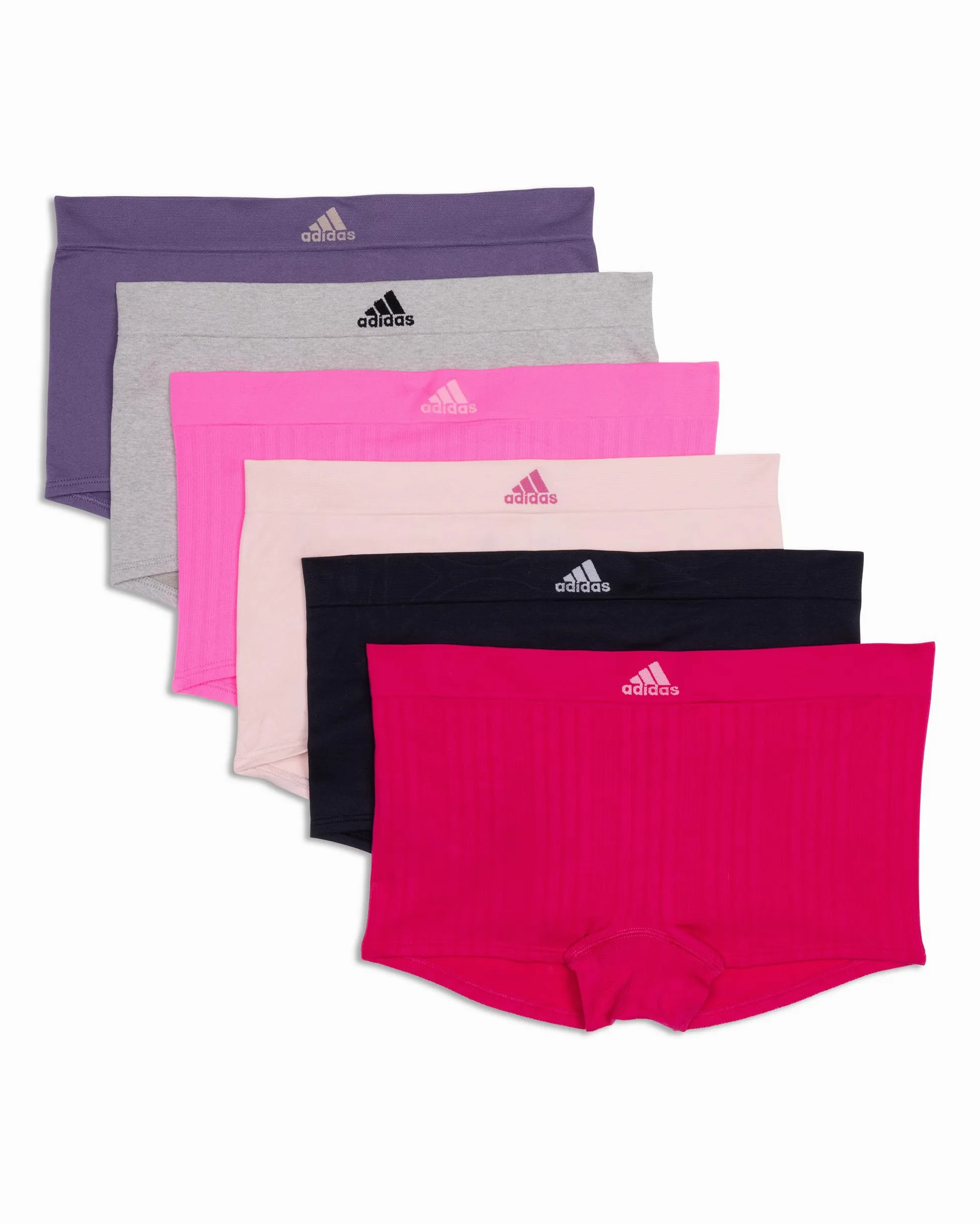 adidas Damskie krótkie majtki chłopięce (6 sztuk), Prawdziwy magenta prążkowany/czarny/brzoskwiniowy bat/świadomy różowy żebrowany/szary wrzosowy/fioletowy cień, XL