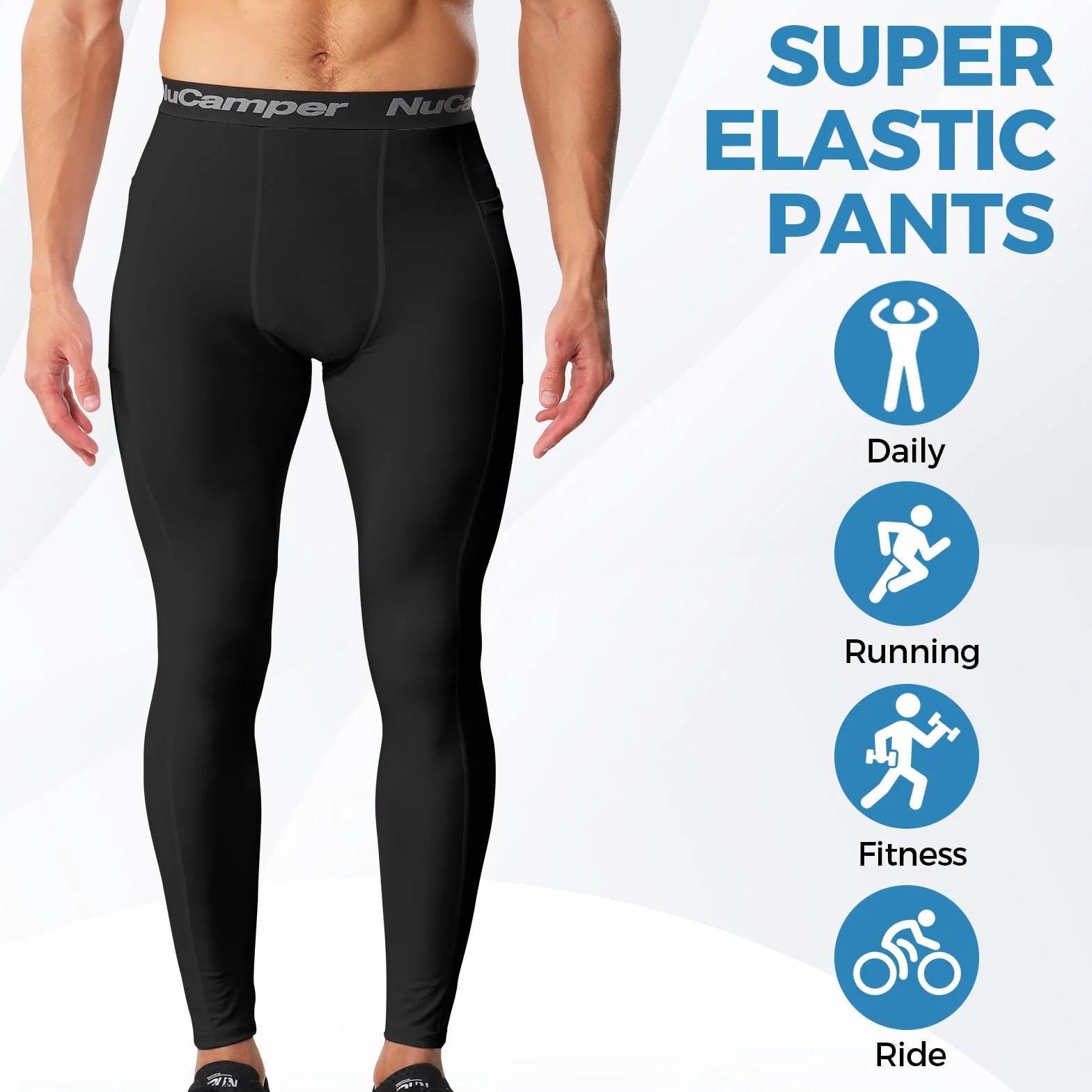 NuCamper Spodnie Kompresyjne Męskie z Kieszeniami, Sportowe Legginsy, Długie Spodnie do Biegania, Oddychające, Szybkoschnące, Warstwa Bazowa Spodnie do Biegania, Treningu, Sportu, Jogi, Koszykówki