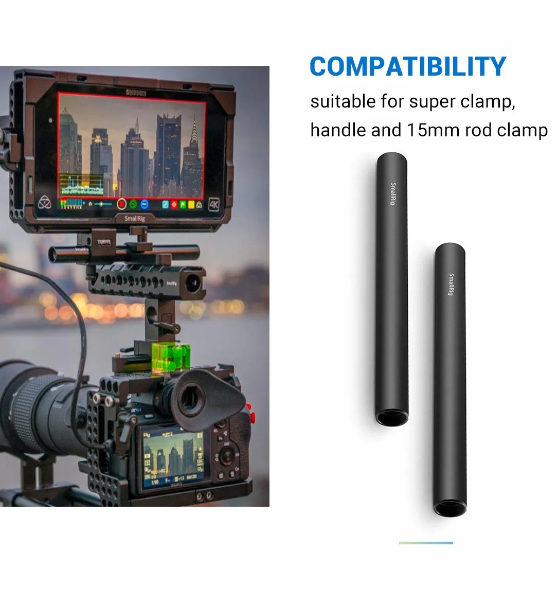 SMALLRIG 2 szt.Czarny pręt ze stopu aluminium 15mm - 15cm 6 cali - 1050