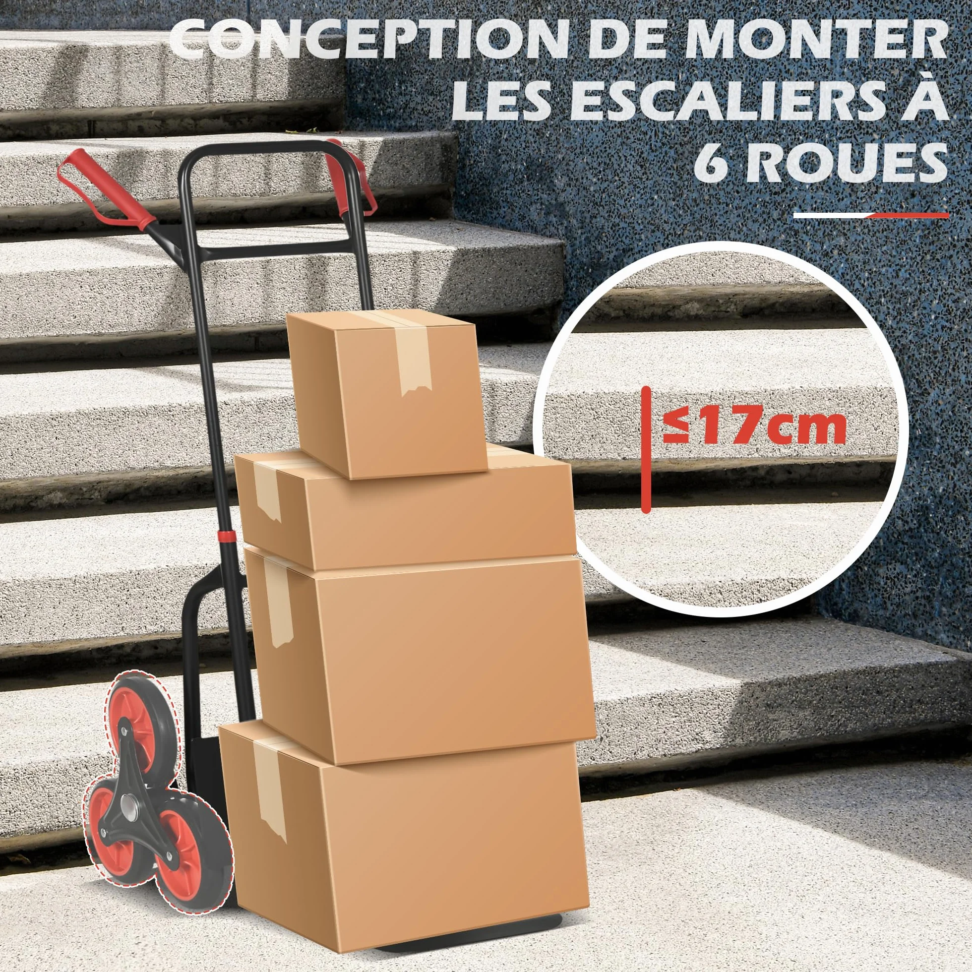 HOMCOM Wózek schodowy 6 kół, rozkładany, składany wózek transportowy 120 kg, wózek składany, stalowy, czarny czerwony