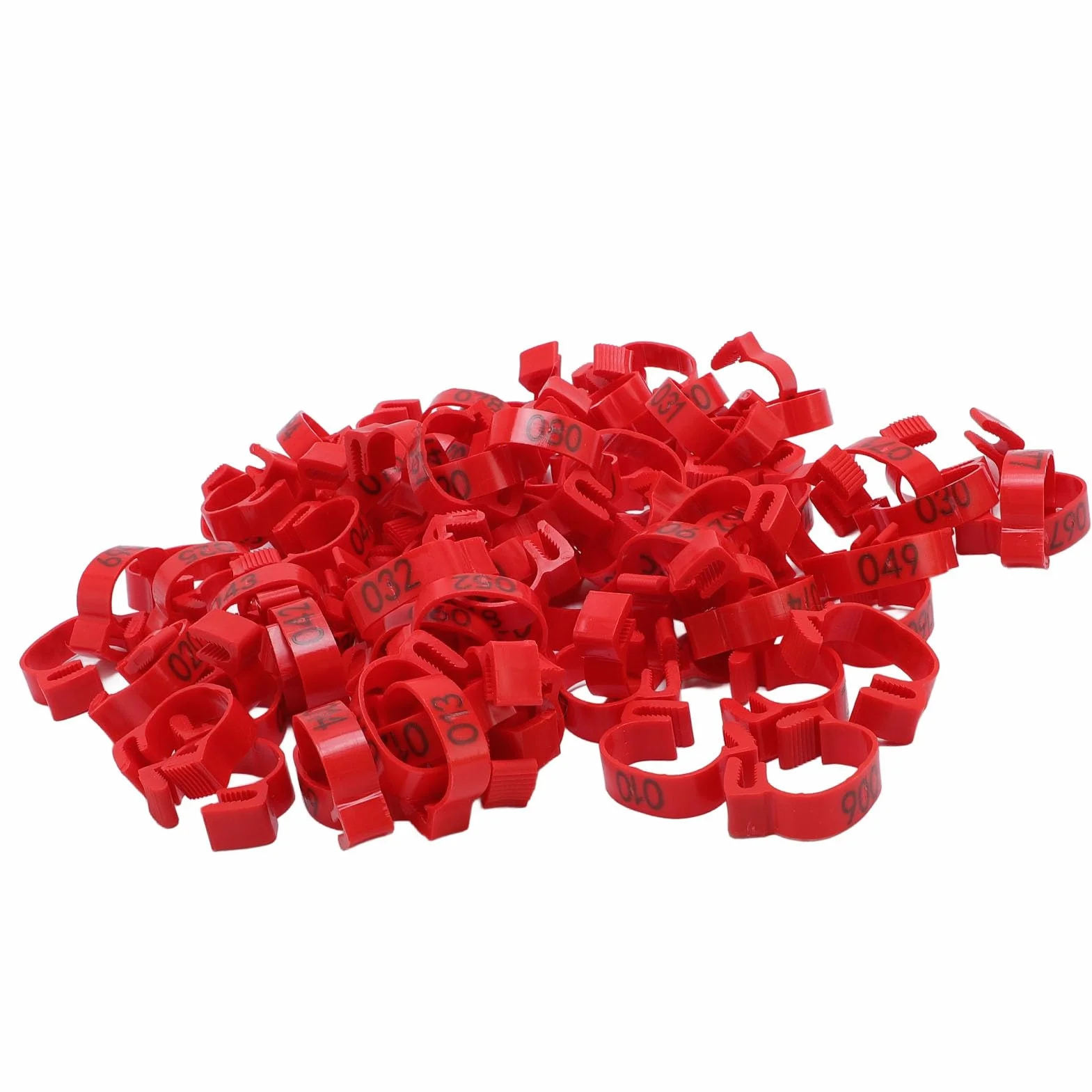 100 szt. plastikowych opasek na nogi z identyfikacją kurczaka, 20 mm od 001 do 100 numerowanych pasków na udka drobiu dla kaczek, piskląt, gęsi, ptactwa żółtego, indyka (czerwone)
