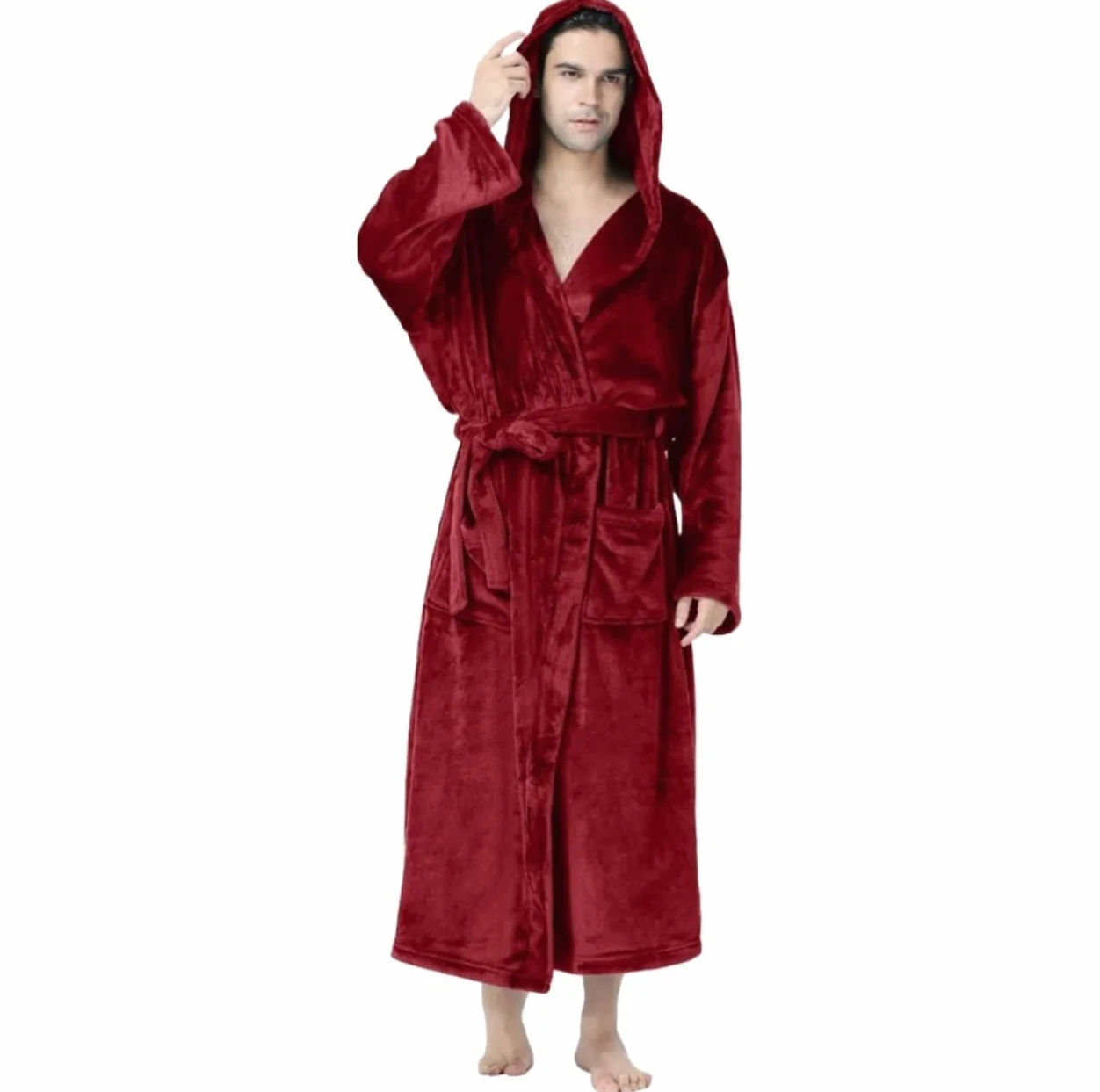 Szlafrok Męski Szlafrok Ultra Przytulny Polarowy Dla Mężczyzn Pluszowy Kaptur Z 2 Kieszeniami Odzież(Wine Red,5XL)