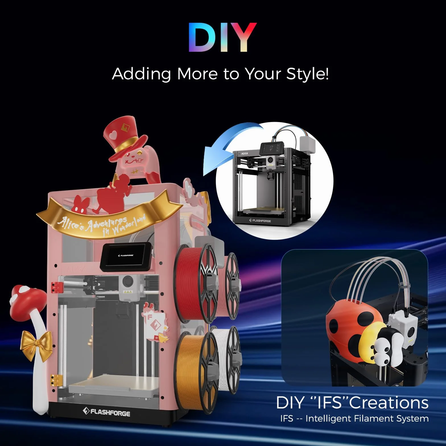 Flashforge Drukarka 3D Adventurer 5X z wielokolorowym nadrukiem, dostosuj za pomocą IFS, AD5X Multi-Material/Full-Auto Leving Drukarka 3D, Maksymalna prędkość: 600 mm/s, automatyczny wkład filamentu 4