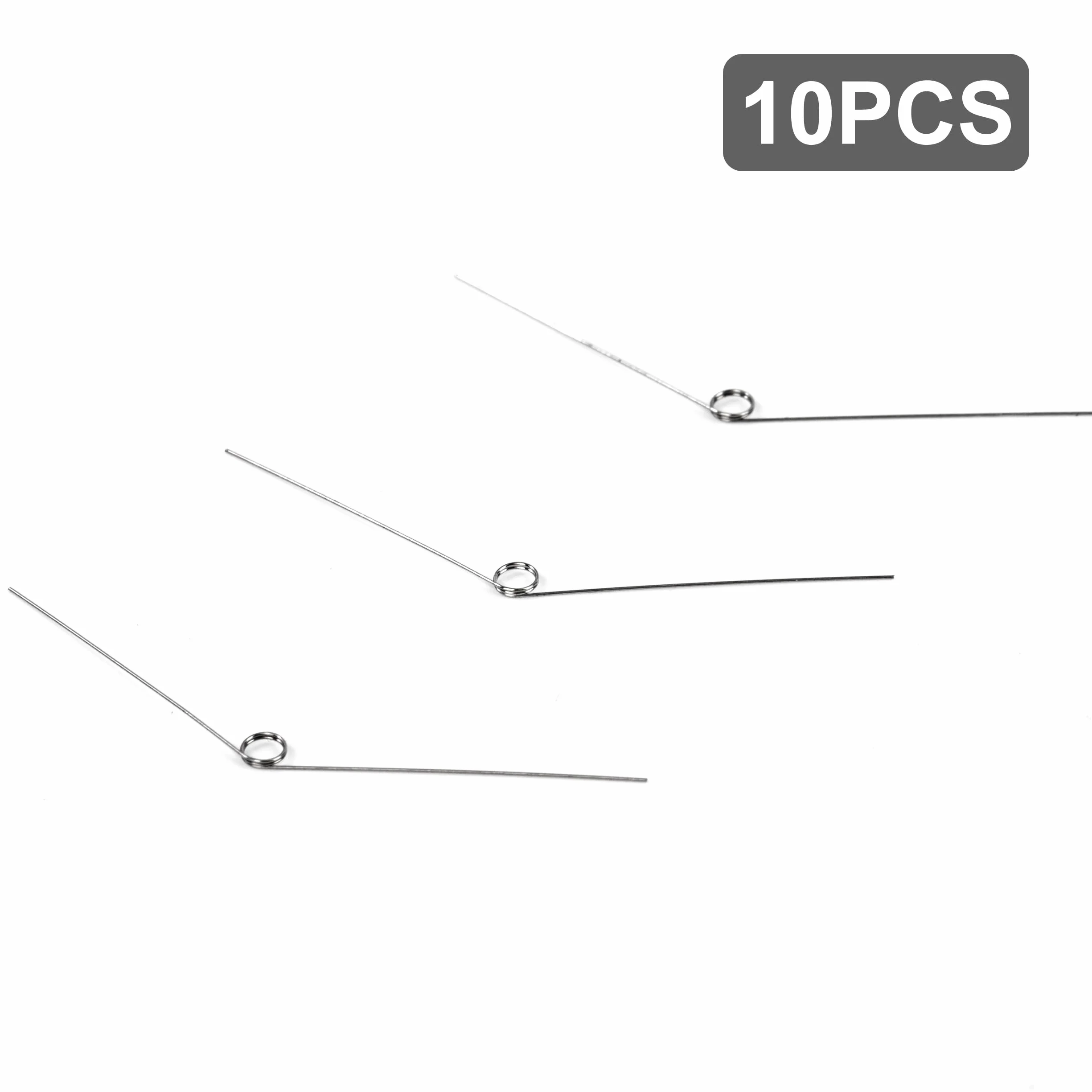 10 szt. sprężyn skrętnych ze stali nierdzewnej średnica drutu 0,2 mm średnica wewnętrzna 2 mm długość ramienia 20 mm kąt 135° 2 obroty lewy 0,2 x 2 x 20 mm