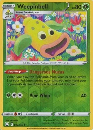 Pokemon pojedyncza karta WEEPINBELL 002/163 odwrotne holo style bitwy