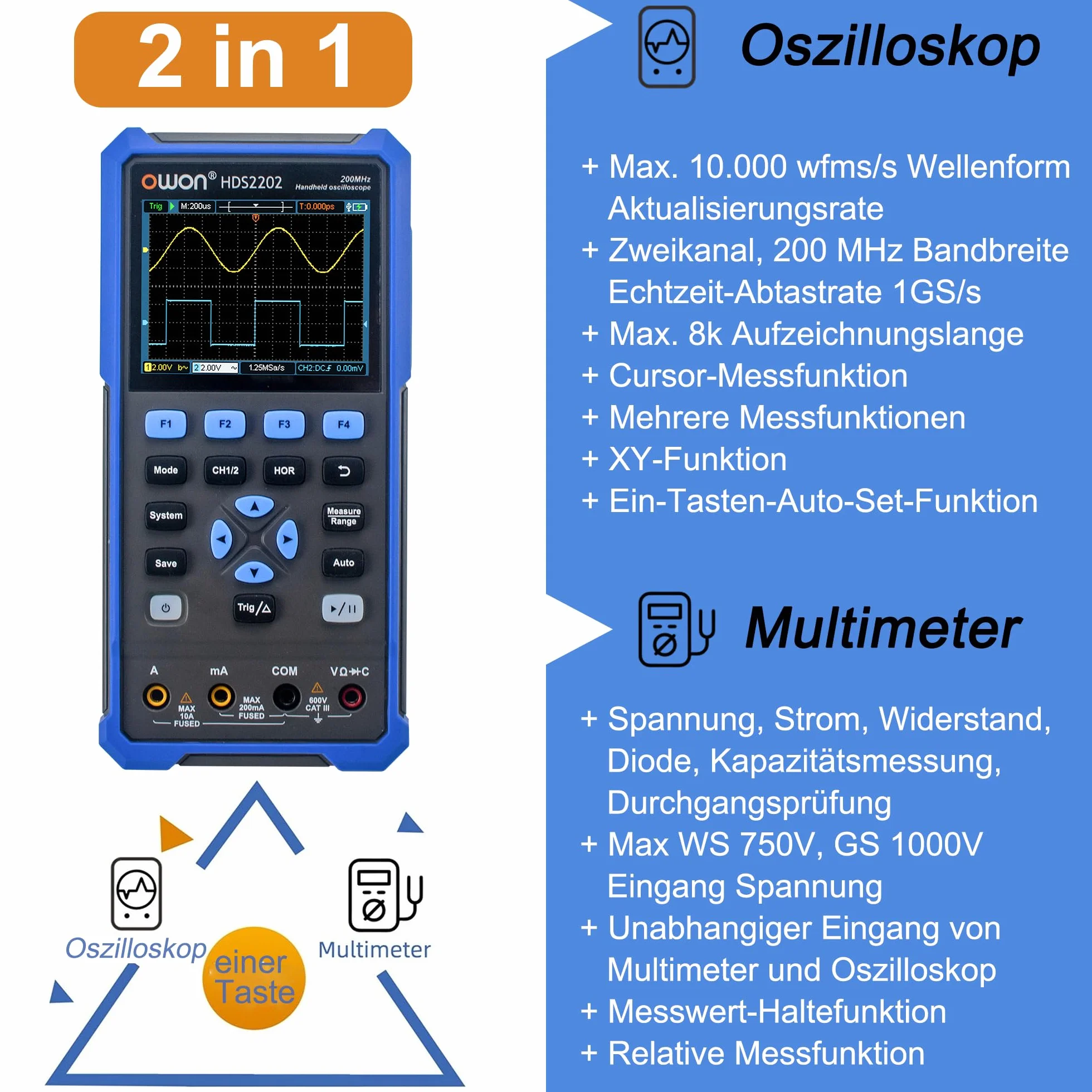 HDS2202 OWON oscyloskop 2 w 1, szerokość pasma 200 MHz, oscyloskop, dwa kanały 1 GSa/s częstotliwość próbkowania z 3,5 cala LCD funkcją automatycznej kalibracji