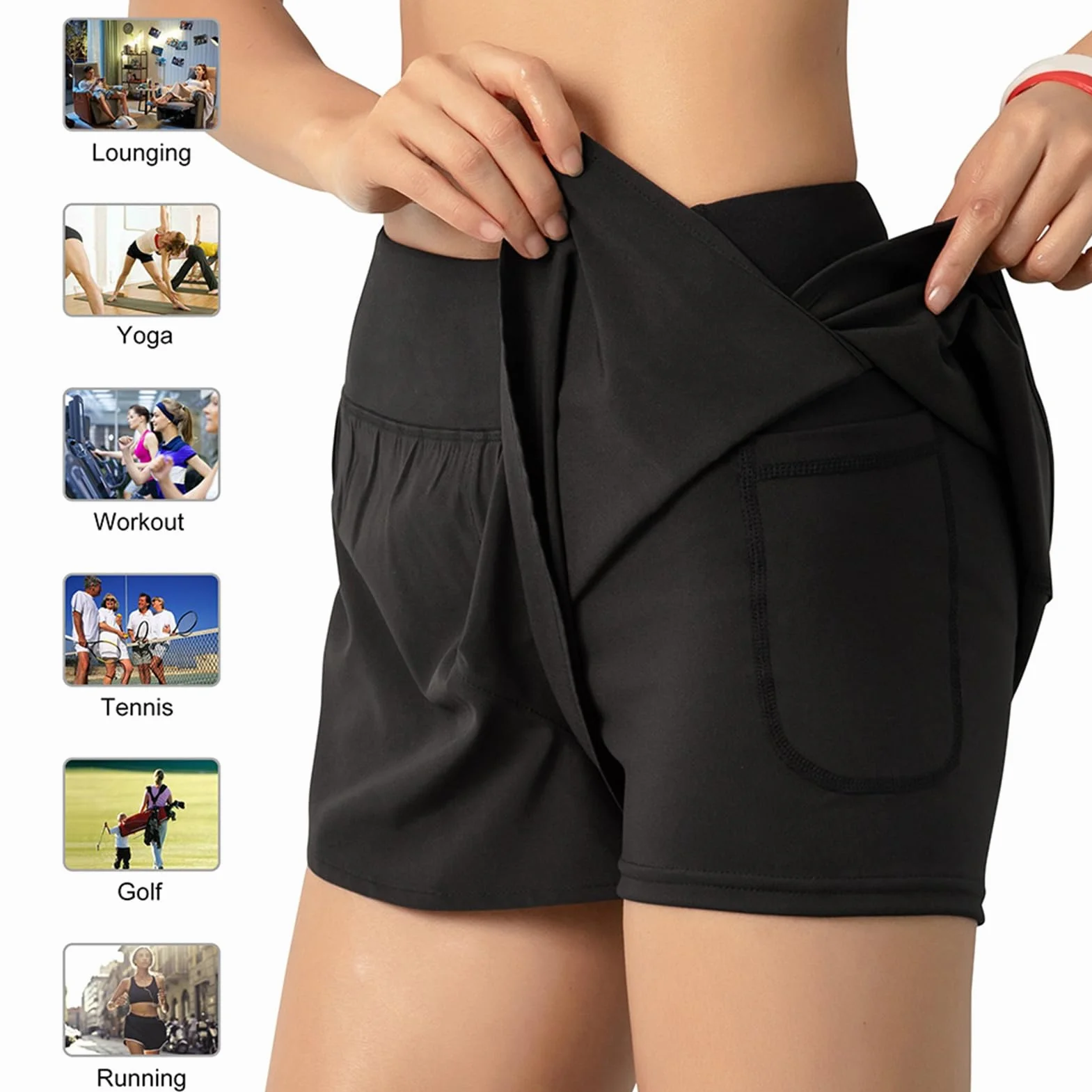 2 w 1 Kobiety Biegające Szorty z Szerokim Zasięgiem Kieszonkowym Warstwa Warstwy do Treningu Fitness Athletic Gym Homeswear, Sportowe Spodenki