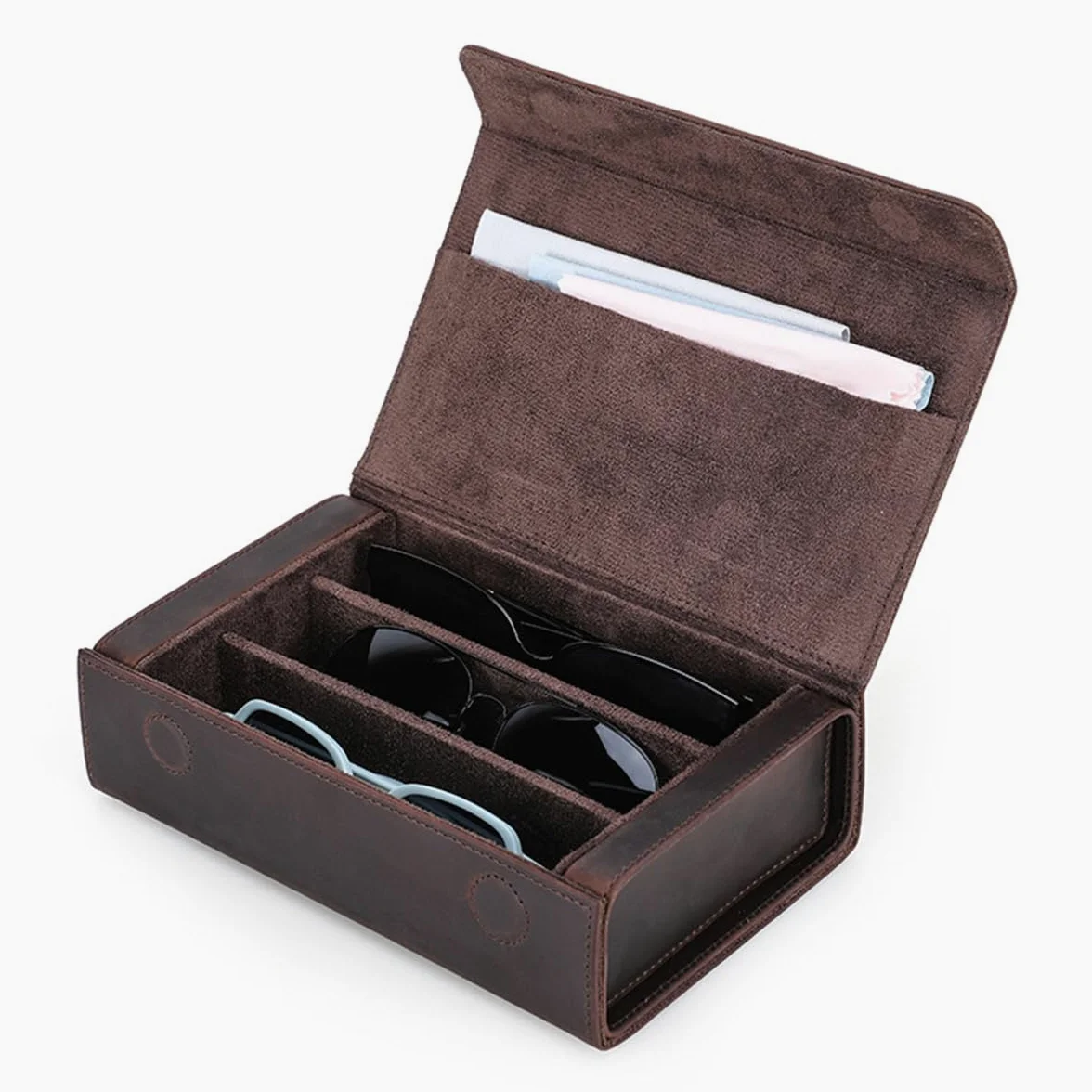 3-osobowe pudełko do przechowywania okularów z prawdziwej skóry dla kobiet i mężczyzn, etui podróżne w stylu vintage na 3 okulary przeciwsłoneczne, przenośny organizer na okulary do domu na świeżym