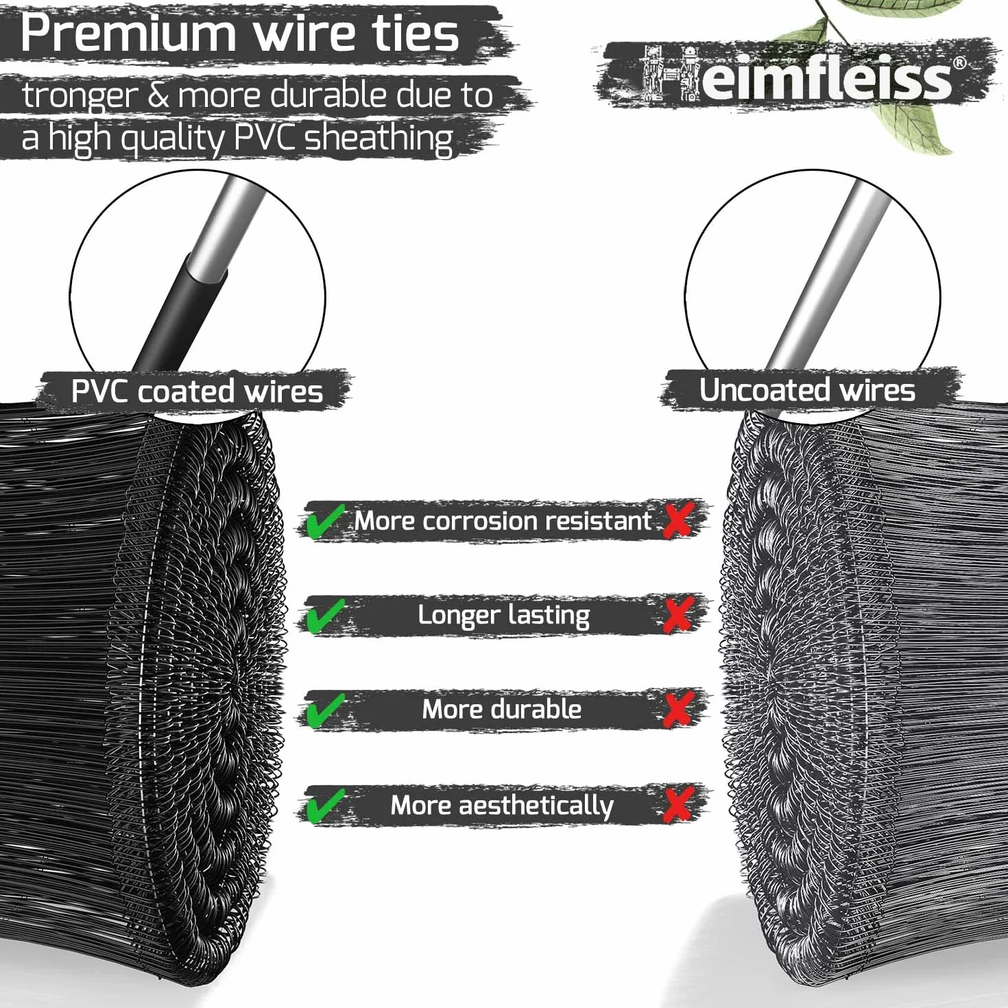 Heimfleiss® Drut rzymski zaizolowany w kolorze czarnym od 1,4 x 100 do 300 mm (1000 szt.) - nierdzewny drut do wiązania betonowego z Niemiec - drut oczkowy do zaciskania, szczypiec do drutów