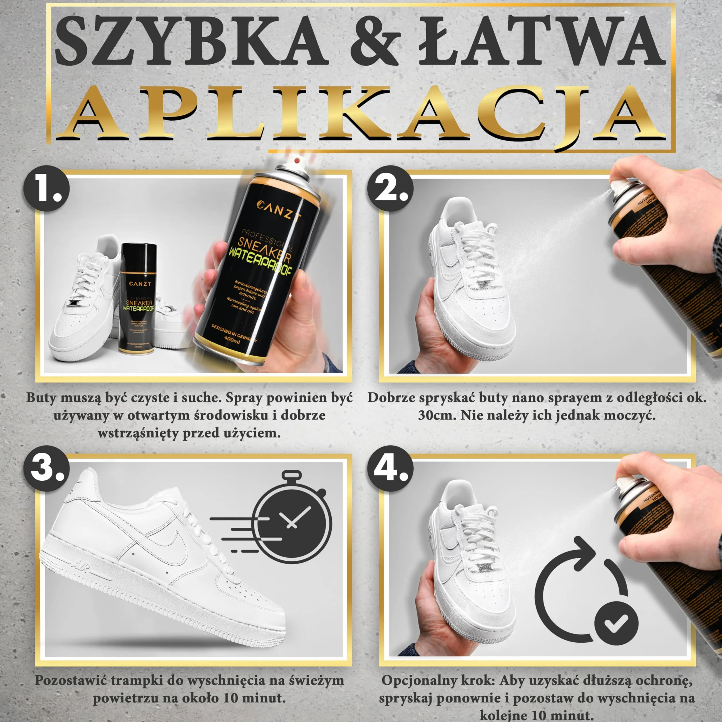 Canzt Impregnat do Butów 400 ml – Spray Ochronny do Skóry, Zamszu, Nubuku i Tkanin – Wodoodporny i Oddychający Preparat do Sneakersów i Obuwia Outdoorowego