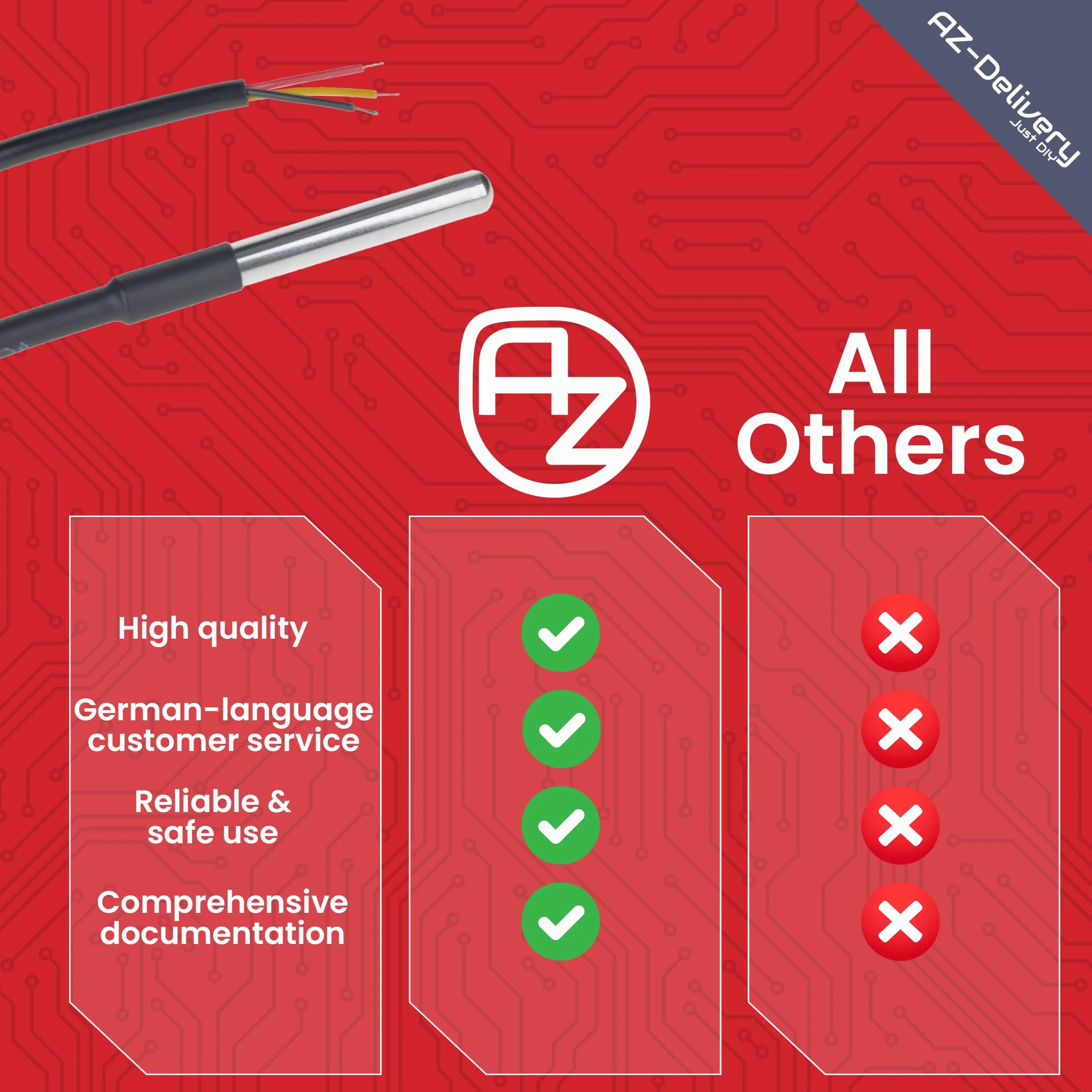 AZDelivery 5 x DS18B20 kabel cyfrowy ze stali nierdzewnej, czujnik temperatury, wodoszczelny, kompatybilny z Arduino i Raspberry Pi, w zestawie e-book