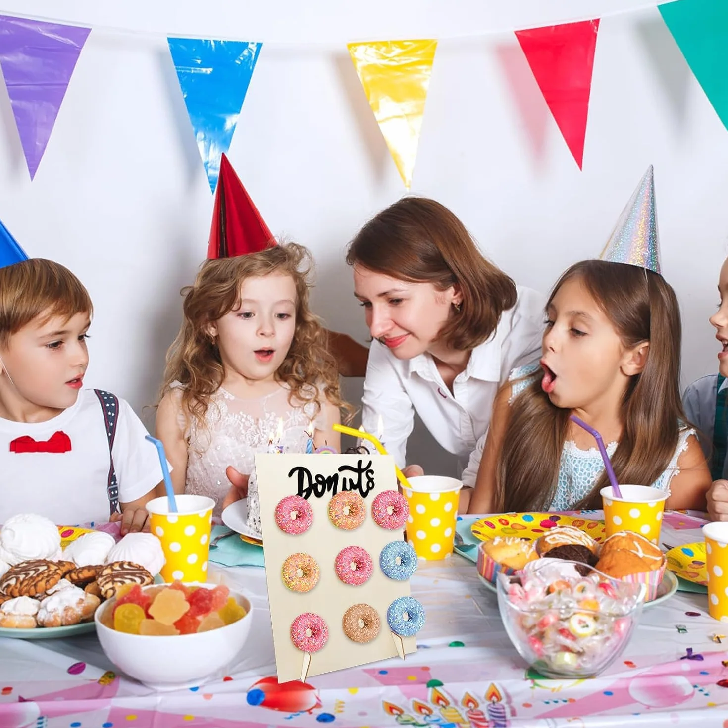 9-otworowy stojak na pączki, uchwyt na pączki, drewniany pączek ścienny wielokrotnego użytku, drewniany stojak na pączki na wesele, urodziny, baby shower