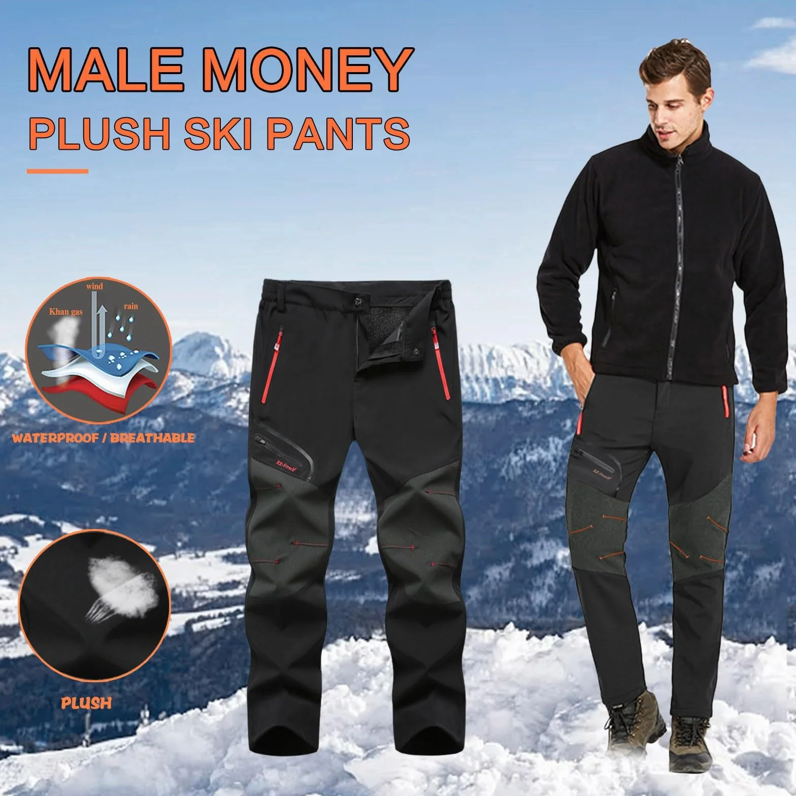 Męskie wodoodporne spodnie narciarskie softshell z podszewką polarową