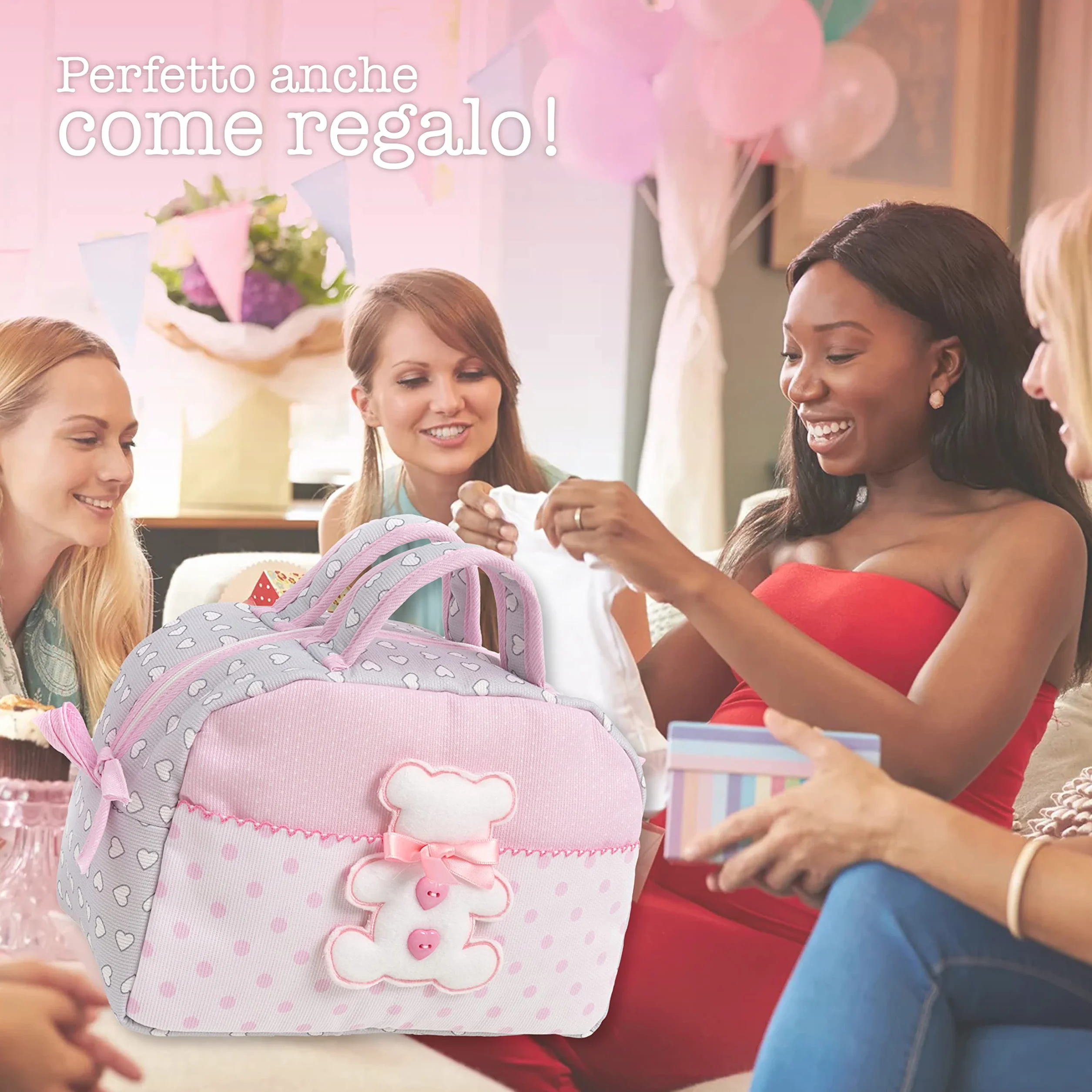 FILET - Beauty Case z uchwytami i zamkiem błyskawicznym, z haftem w kształcie misia, wykonany z bawełny wyściełanej, idealny do pielęgnacji, 100% Made in Italy, szary i różowy