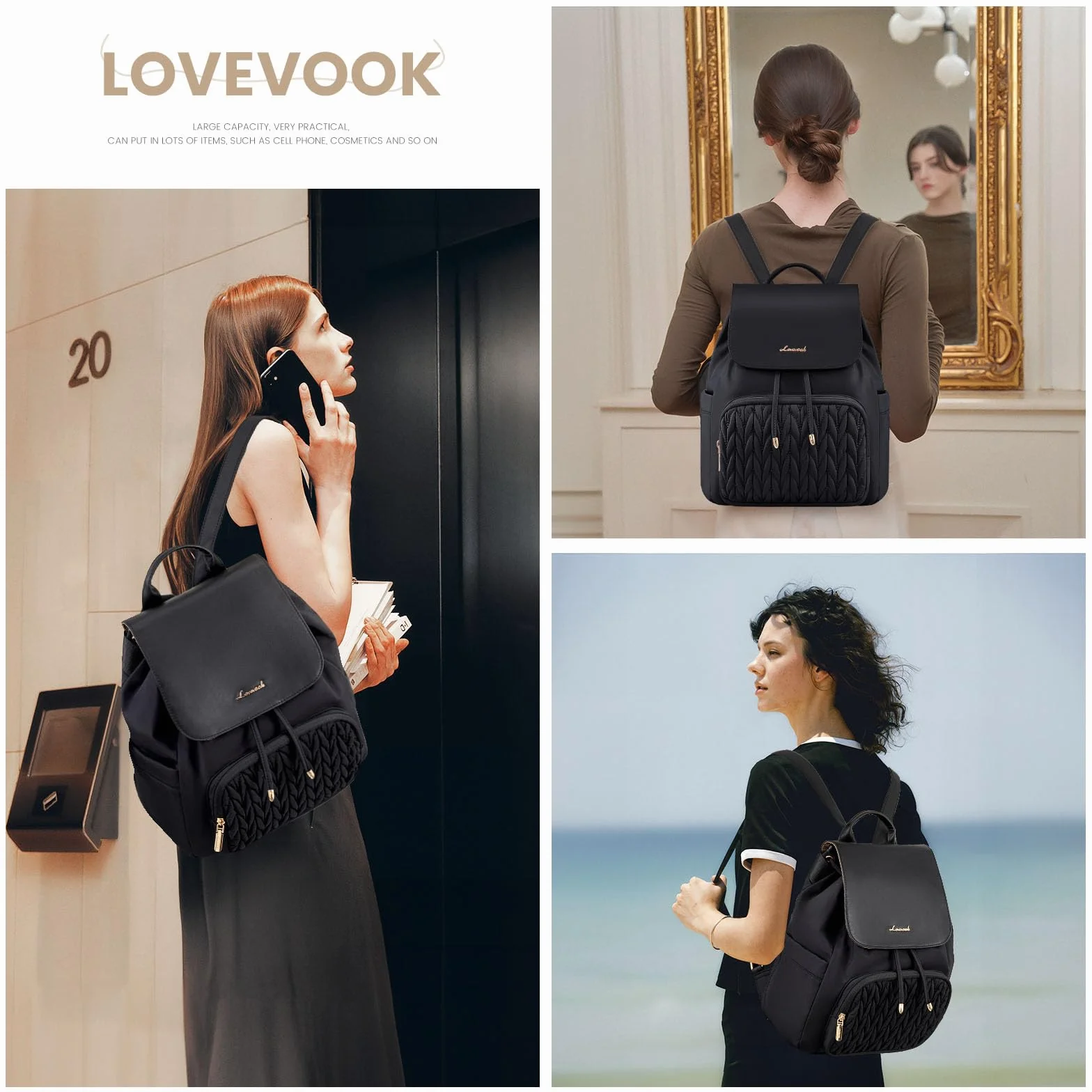 LOVEVOOK Plecak damski mały wodoszczelny 2 w 1 mini torba plecak dzienny 13 Zoll czarny