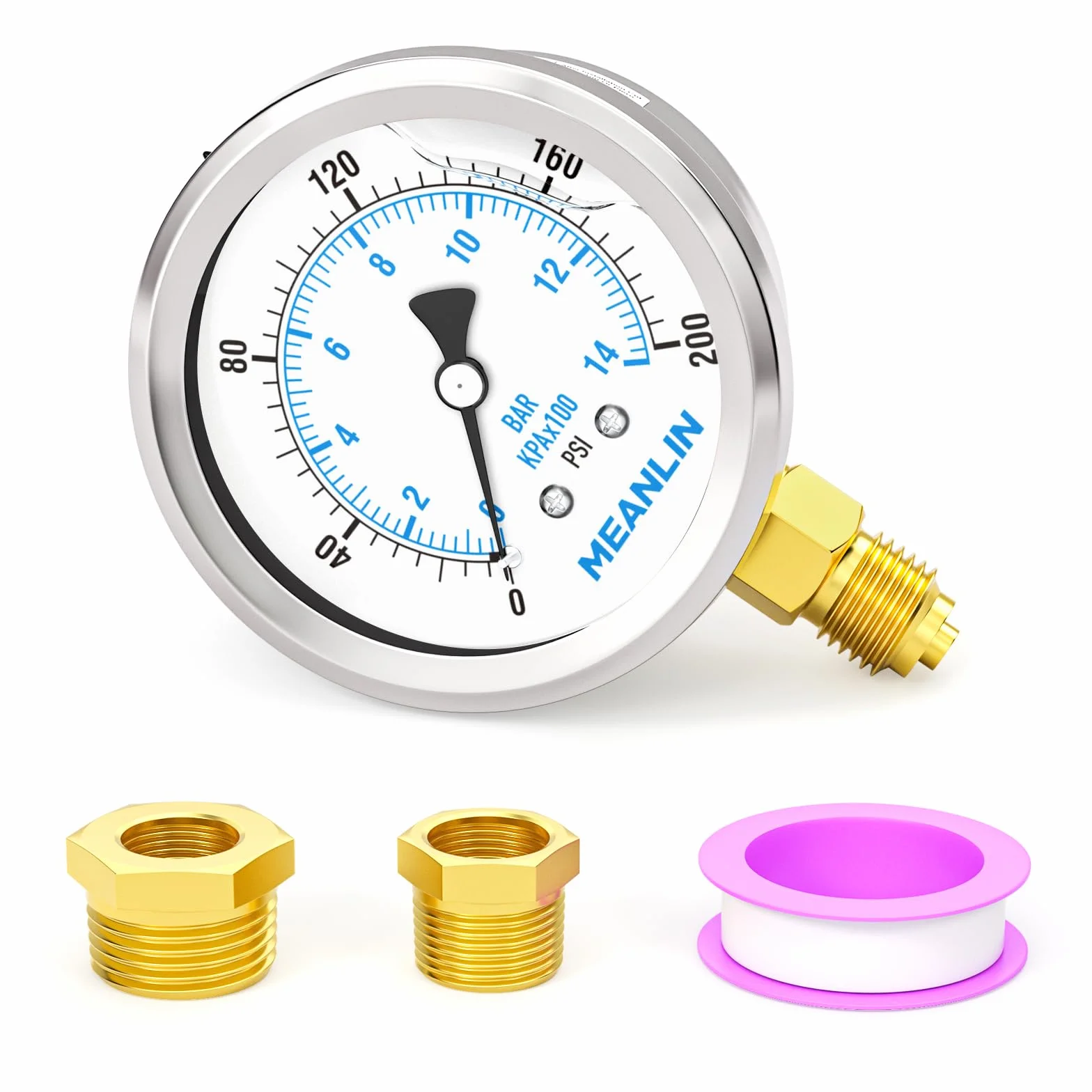 MEANLIN MEASURE 0~14 BAR/0~200 PSI manometr napełniony płynem, stal nierdzewna 1/4" BSP 2,5" FACE DIAL, WOG część dolna, z gniazdem sześciokątnym 1/4"x 1/2" BSP i 1/4"x 3/8" BSP