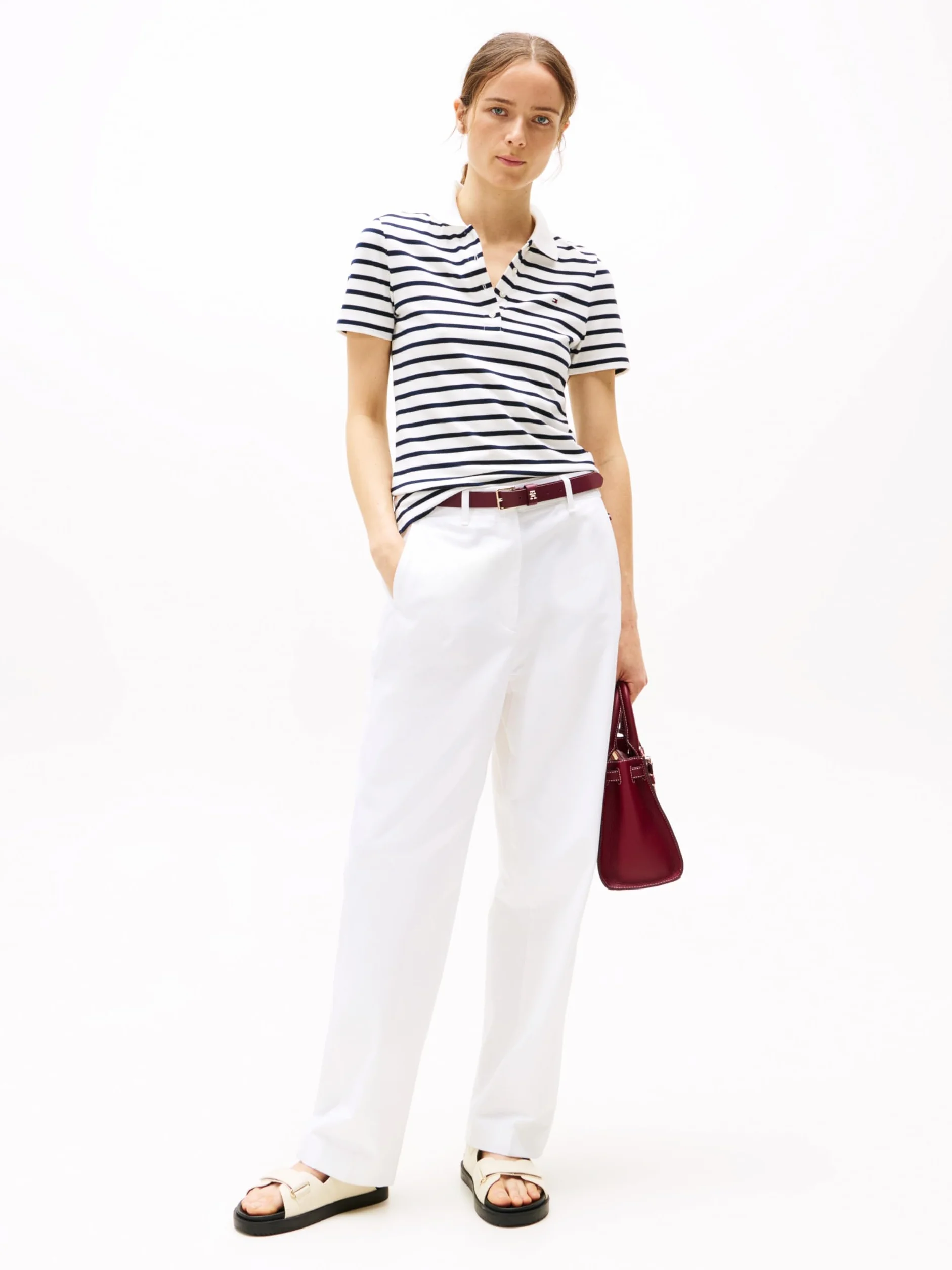 TOMMY HILFIGER Damska koszulka polo 1985 SLIM PIQUE SS Niebieski (Breton Ecru/Dark Night Navy Stp) M