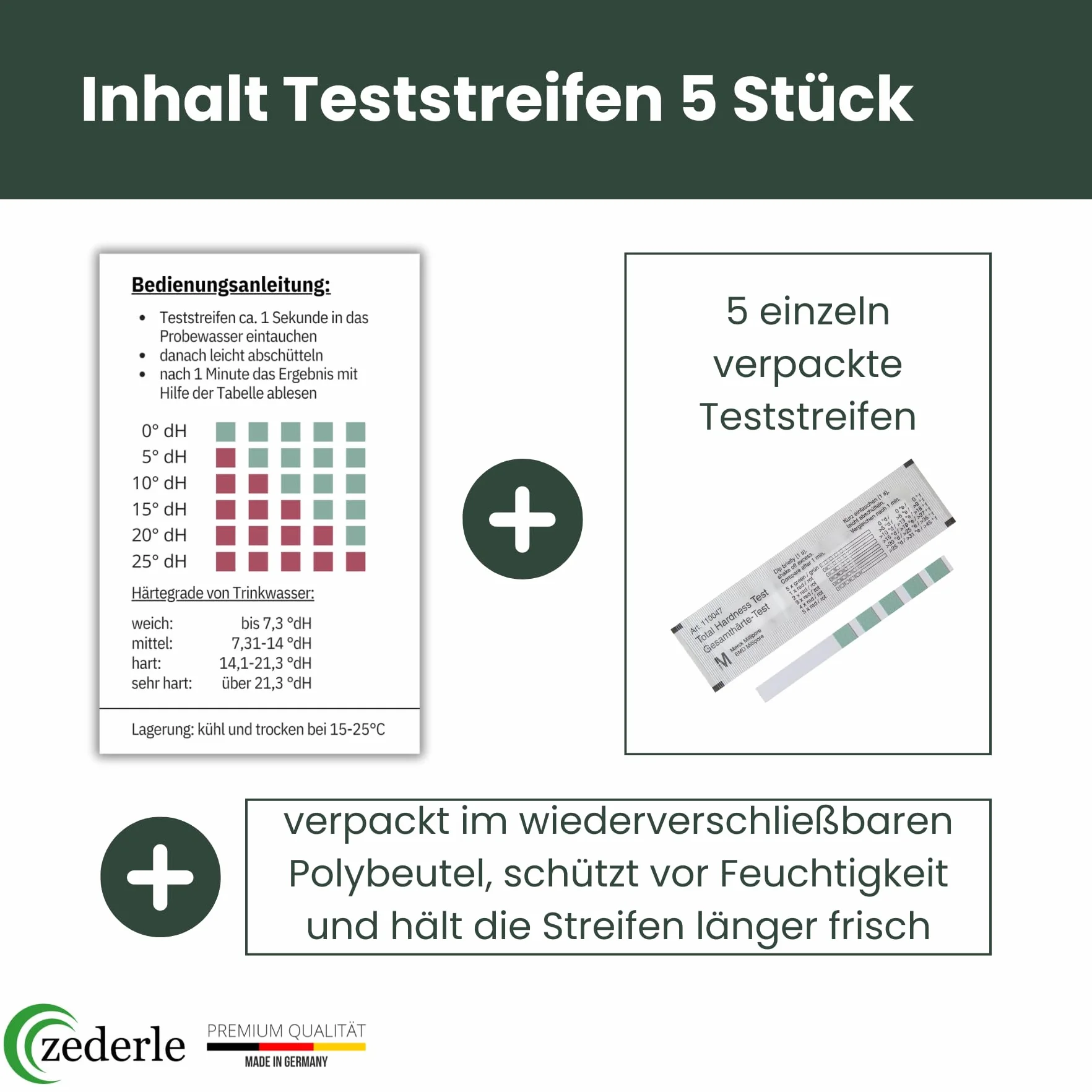 zederle 5 sztuk pasków testowych twardości wody, zestaw testowy pakowany pojedynczo, uszczelniony, niemiecki zakres twardości w dH°, test twardości wody, test wapna, test twardości całkowitej – do