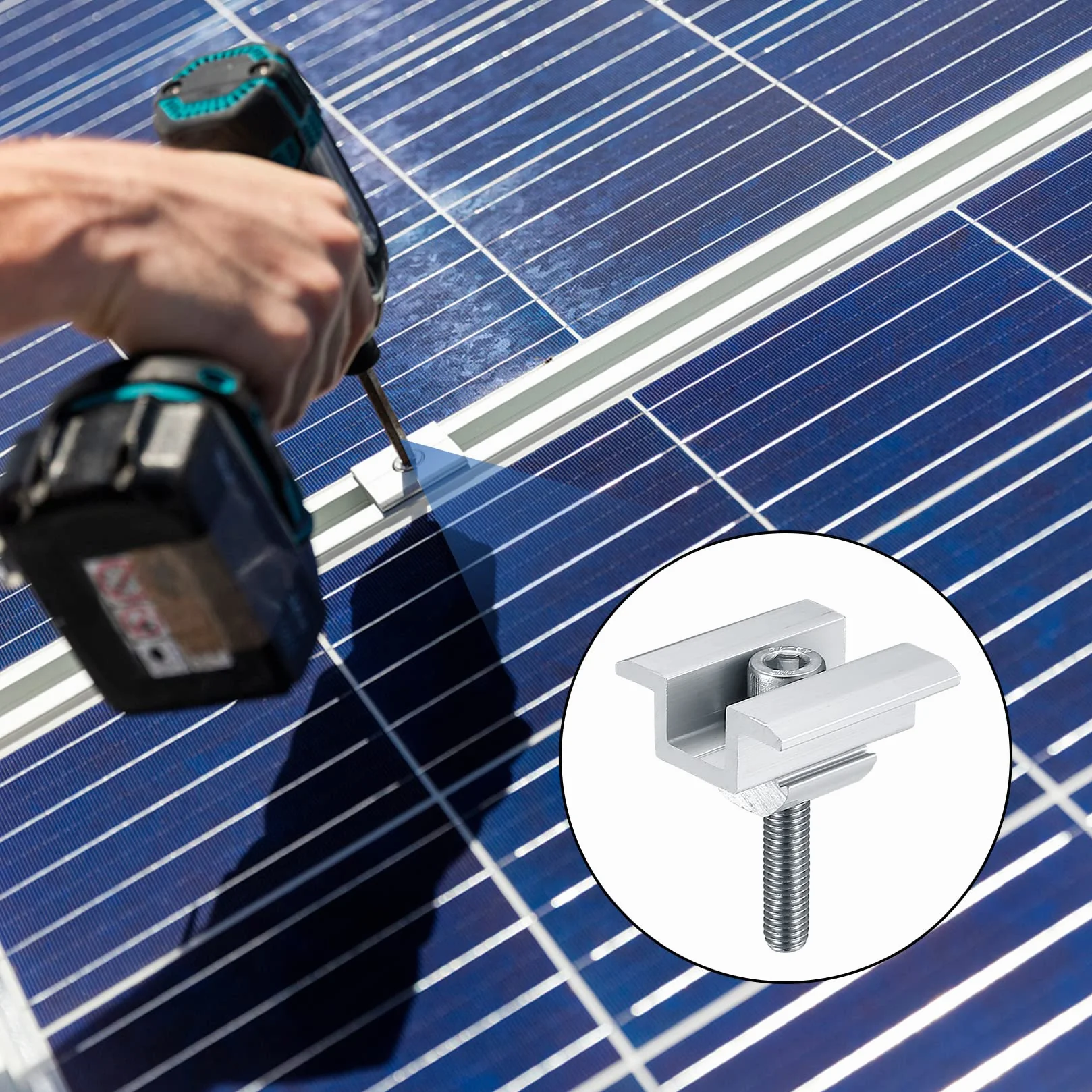 6 szt. aluminiowych zacisków centralnych PV, mocowanie fotowoltaiczne, uchwyt montażowy do paneli słonecznych, wysokość modułu 25-50 mm, ze śrubami M8