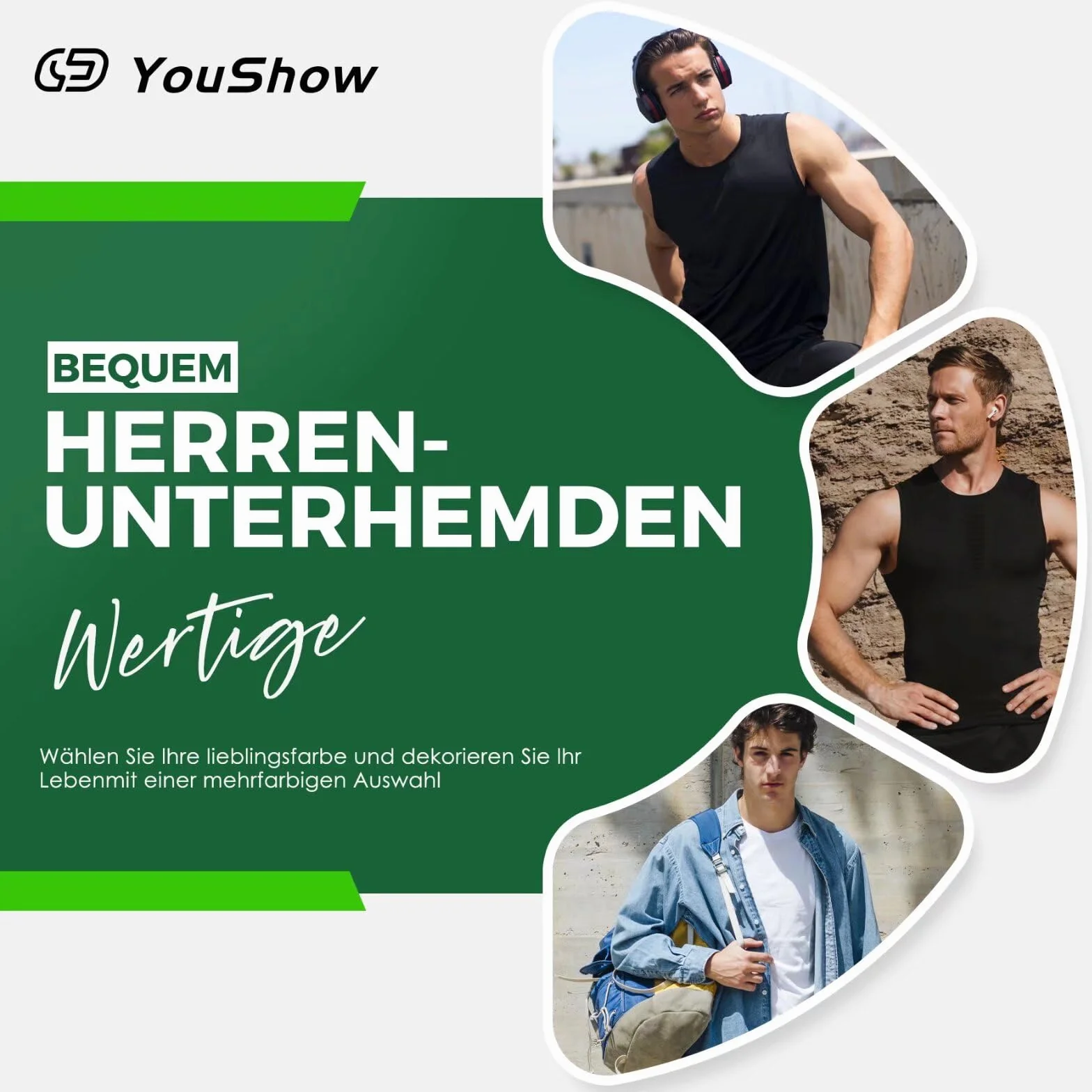 YouShow Zestaw 3 podkoszulek dla mężczyzn, 100% bawełna, bez rękawów, z okrągłym dekoltem