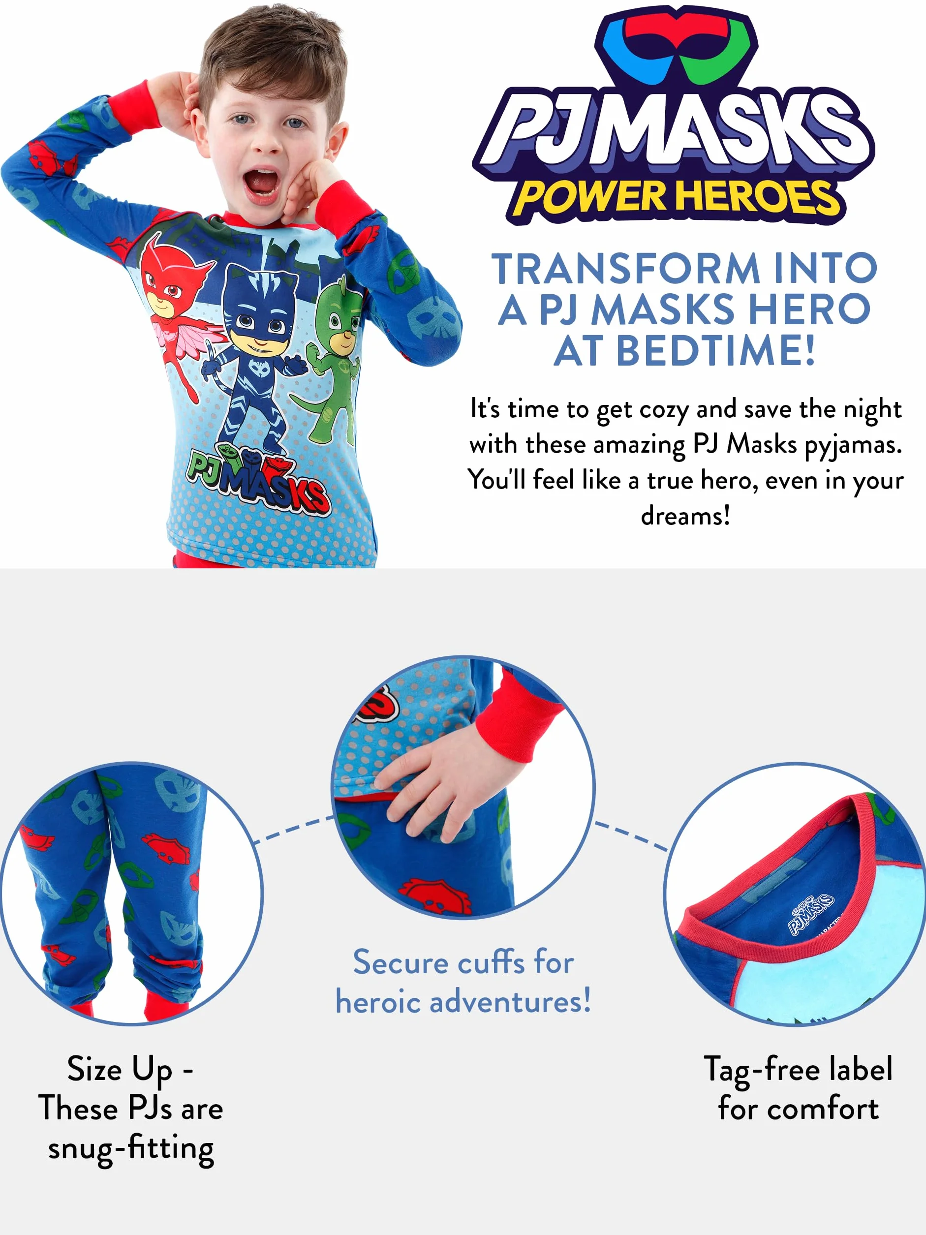 PJ Masks Piżama dla chłopców, Catboy Owlette Gekko, piżama dla dzieci, krój slim fit