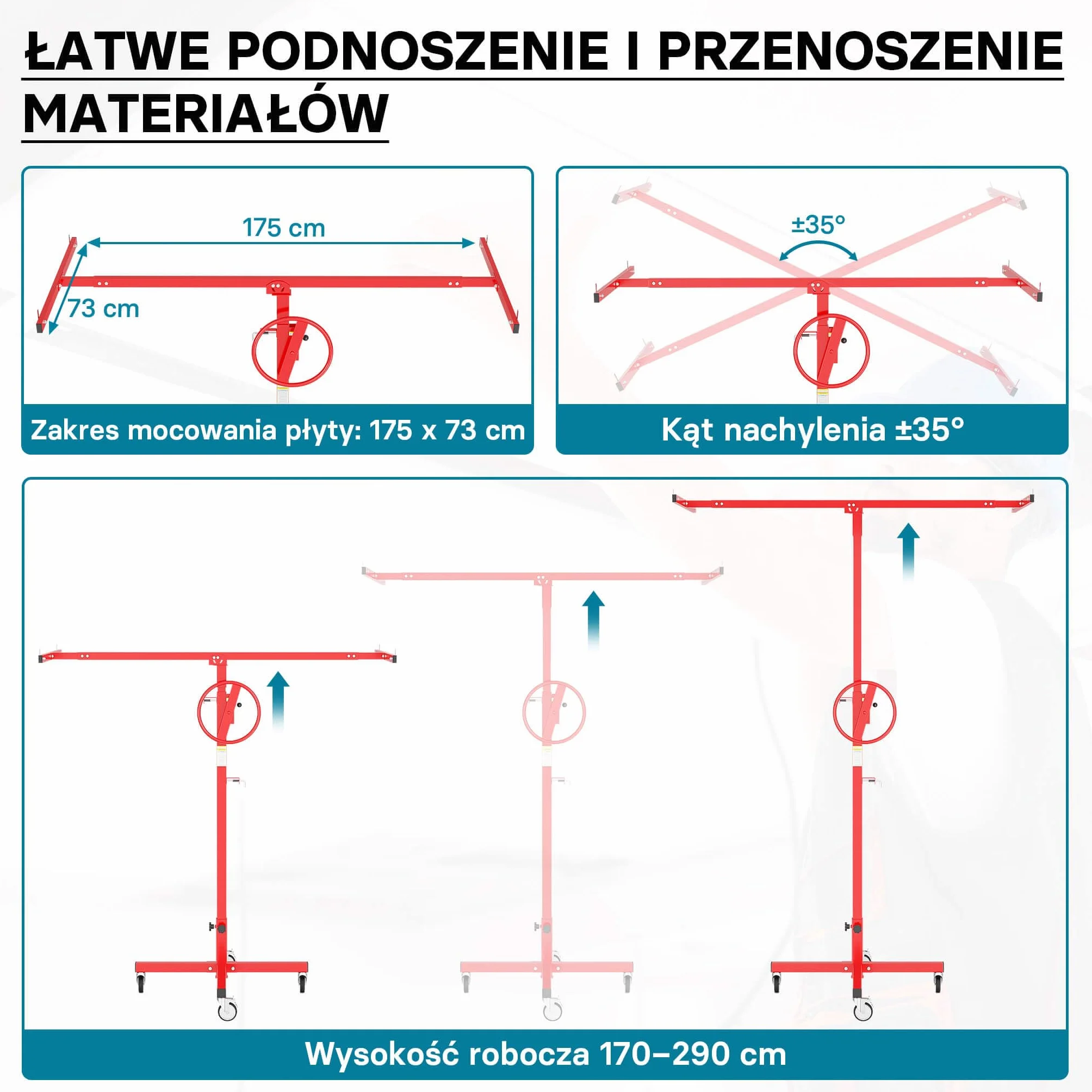 XPOtool Podnośnik panelowy do maks. 40 kg, wysokość 170-290 cm, pomoc w montażu płyt kartonowo-gipsowych, podnośnik panelowy z 4 kółkami z hamulcem postojowym