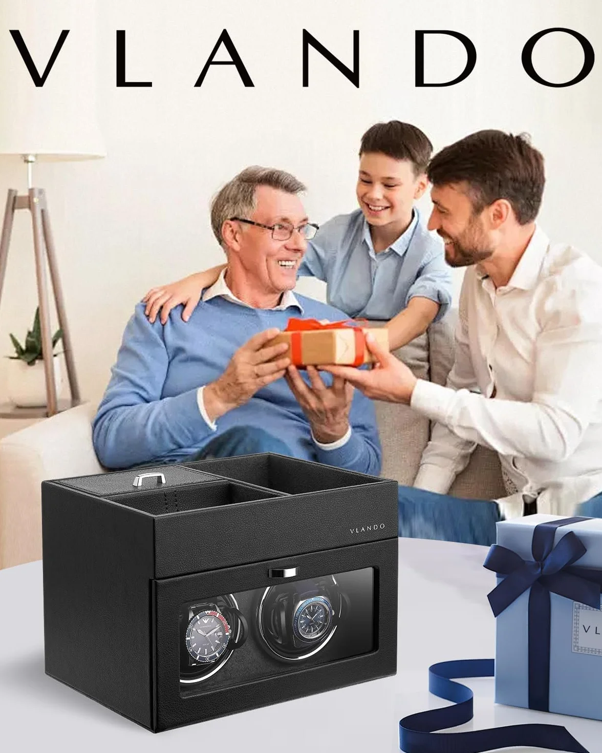 Vlando Automatyczne zegarki Box z oświetleniem, Obrotowe zegarki Box 2 Komory