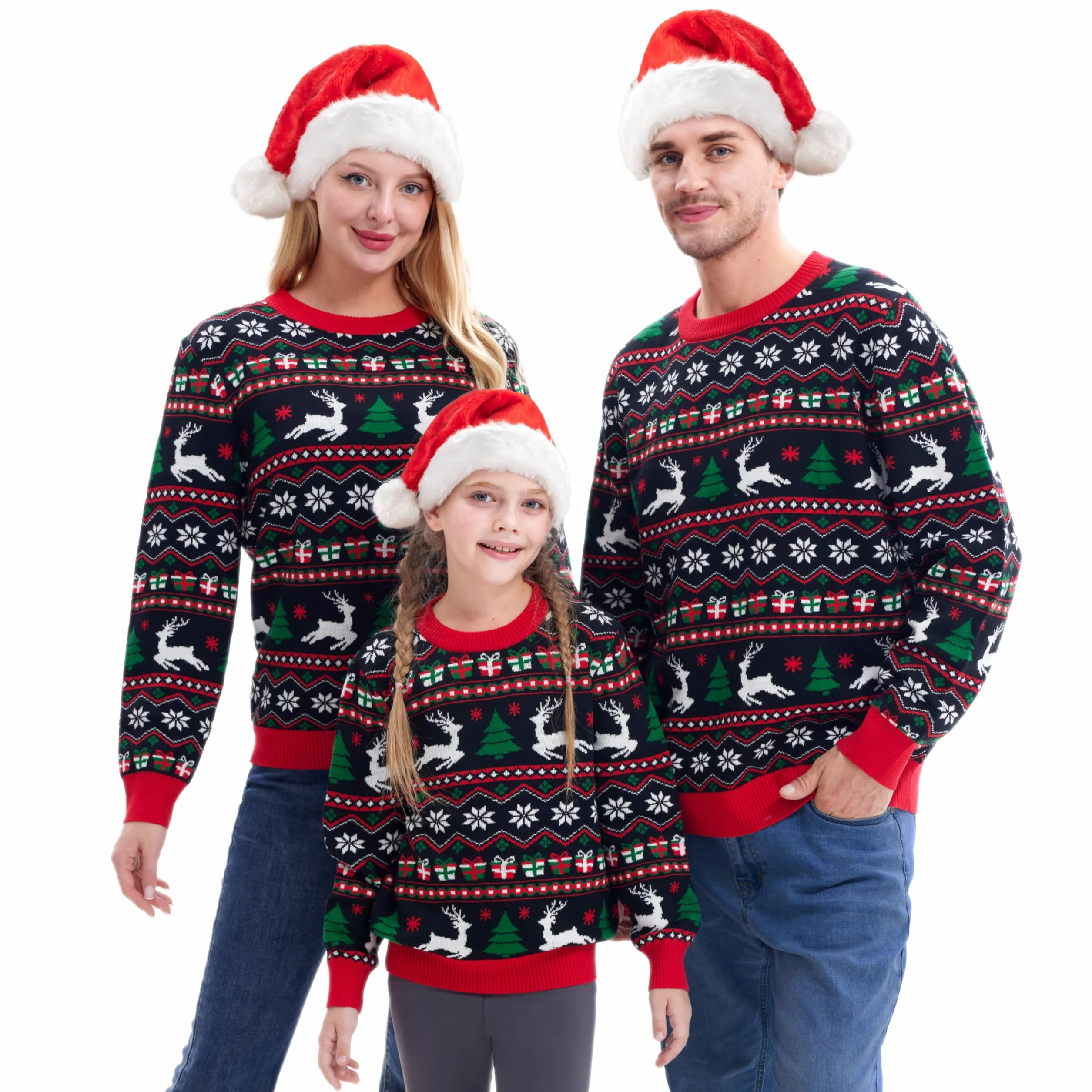 Giggling Getup Dopasowany rodzinny sweter bożonarodzeniowy, słodki świąteczny sweter z długim rękawem, czarny brzydki sweter bożonarodzeniowy