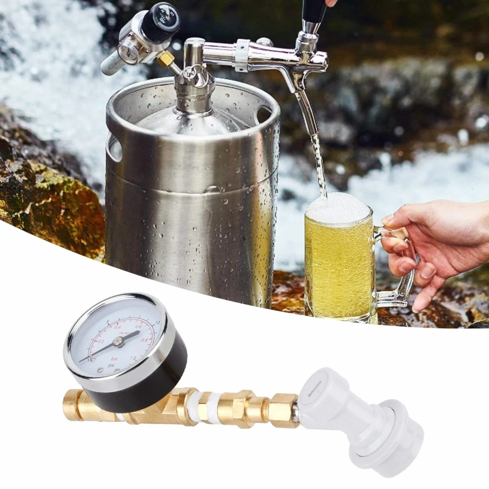 Homebrew zawór bezpieczeństwa, regulowany zawór bezpieczeństwa, zespół zaworu bezpieczeństwa, system zaparzania Blokada kulowa z manometrem 0-15 psi (0-1bar)