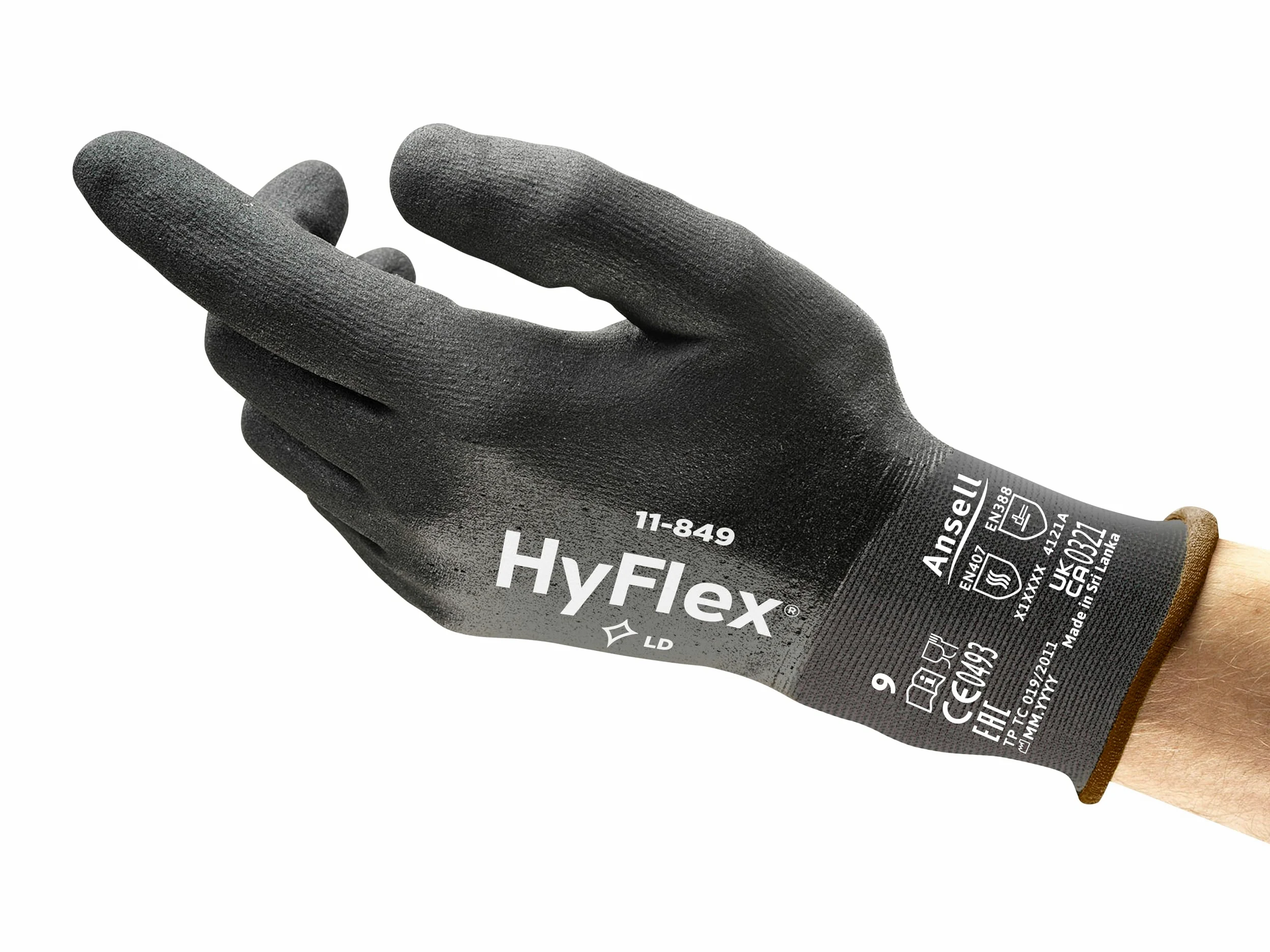 Ansell Hyflex 11-849 Odporne na ścieranie zawodowe rękawiczki robocze, ochrona wielokrotnego użytku, mechanika, obsługa, montaż, mycie rękawicy bezpieczeństwa, czarne, rozmiar XL (12 par)