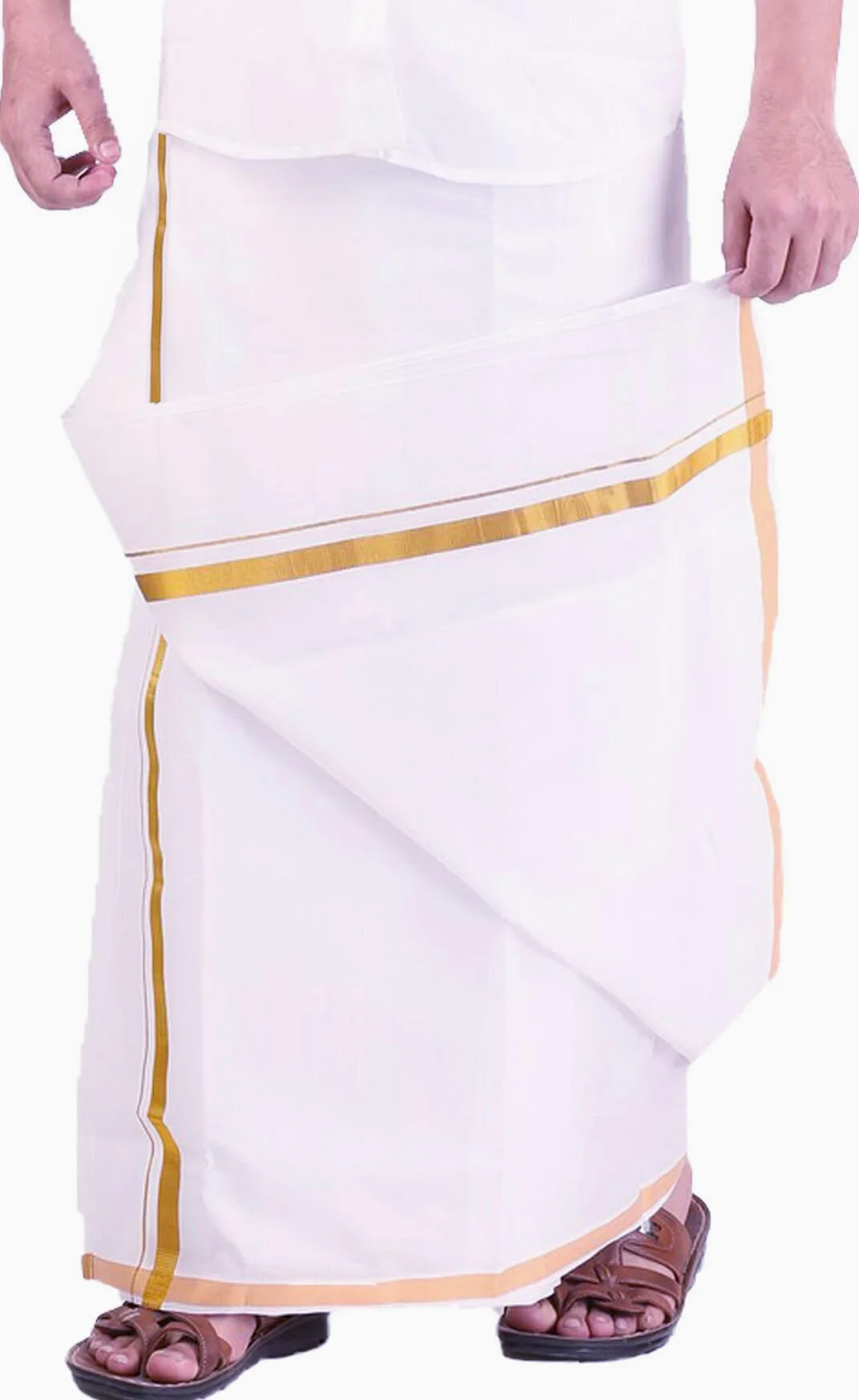 PRAKASAM COTTON Męski kremowy kolor wysokiej jakości Welcro Pocket Jari Cotton Double Dhoti (PC-VEL-PKT-DBL-CREAM-SS-), biały, 30