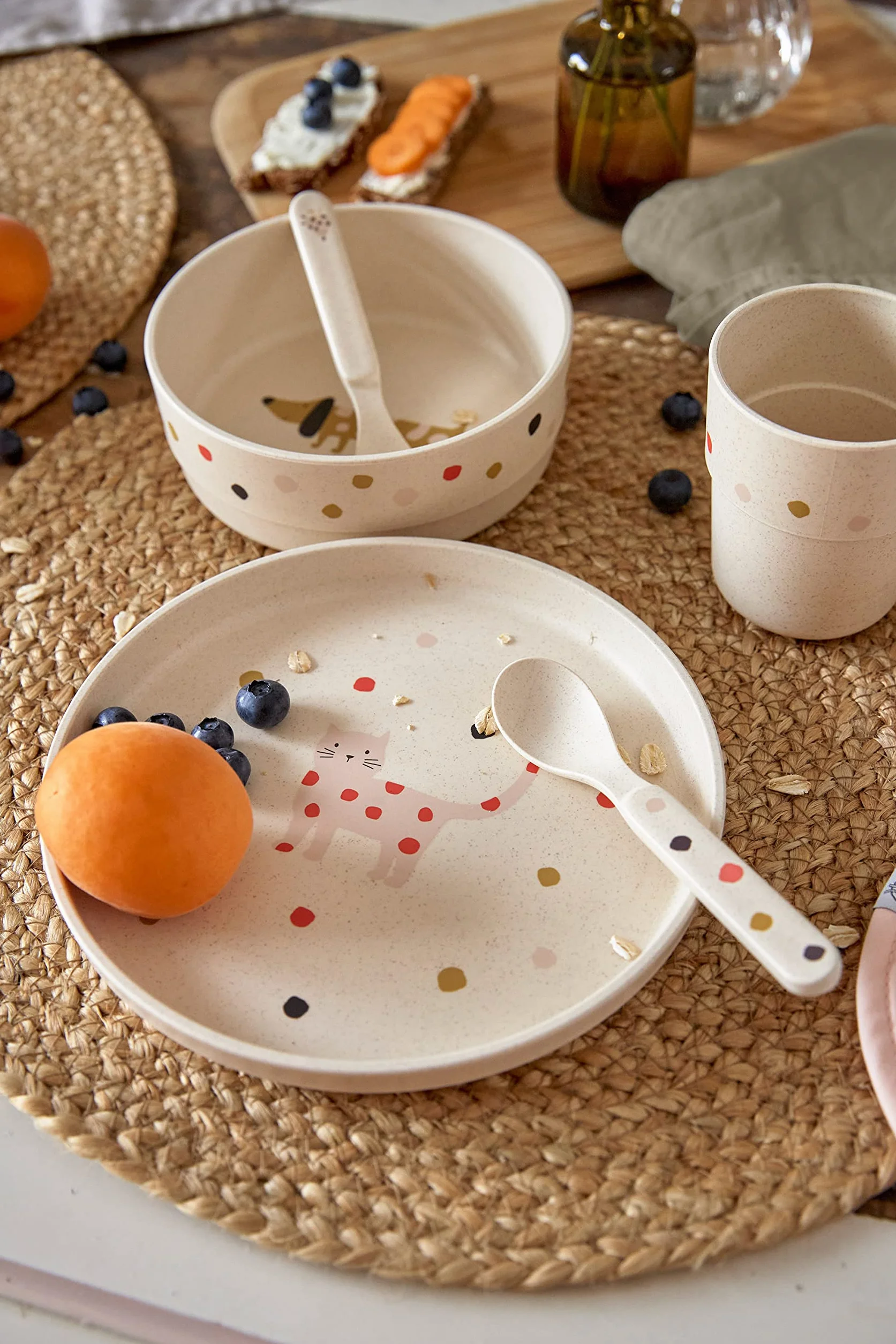 LÄSSIG Zestaw naczyń dla dzieci (talerze, kubki, miseczki, łyżki) bez BPA, do zmywarki i kuchenki mikrofalowej/zestaw naczyń Little Mateys Spicy Orange