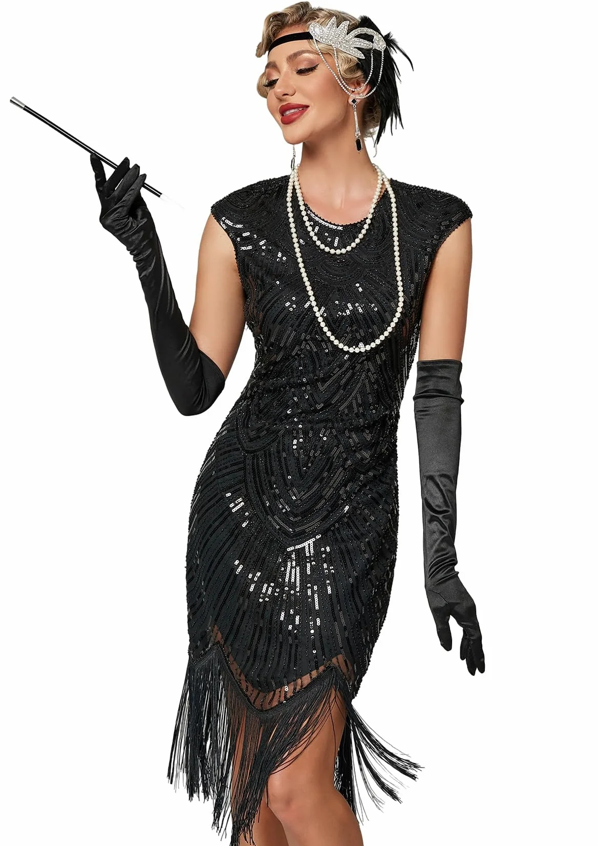VILOREE Sukienka damska z cekinami, styl 20., okrągły dekolt, inspirowana kostiumem Wielkiego Gatsby'ego