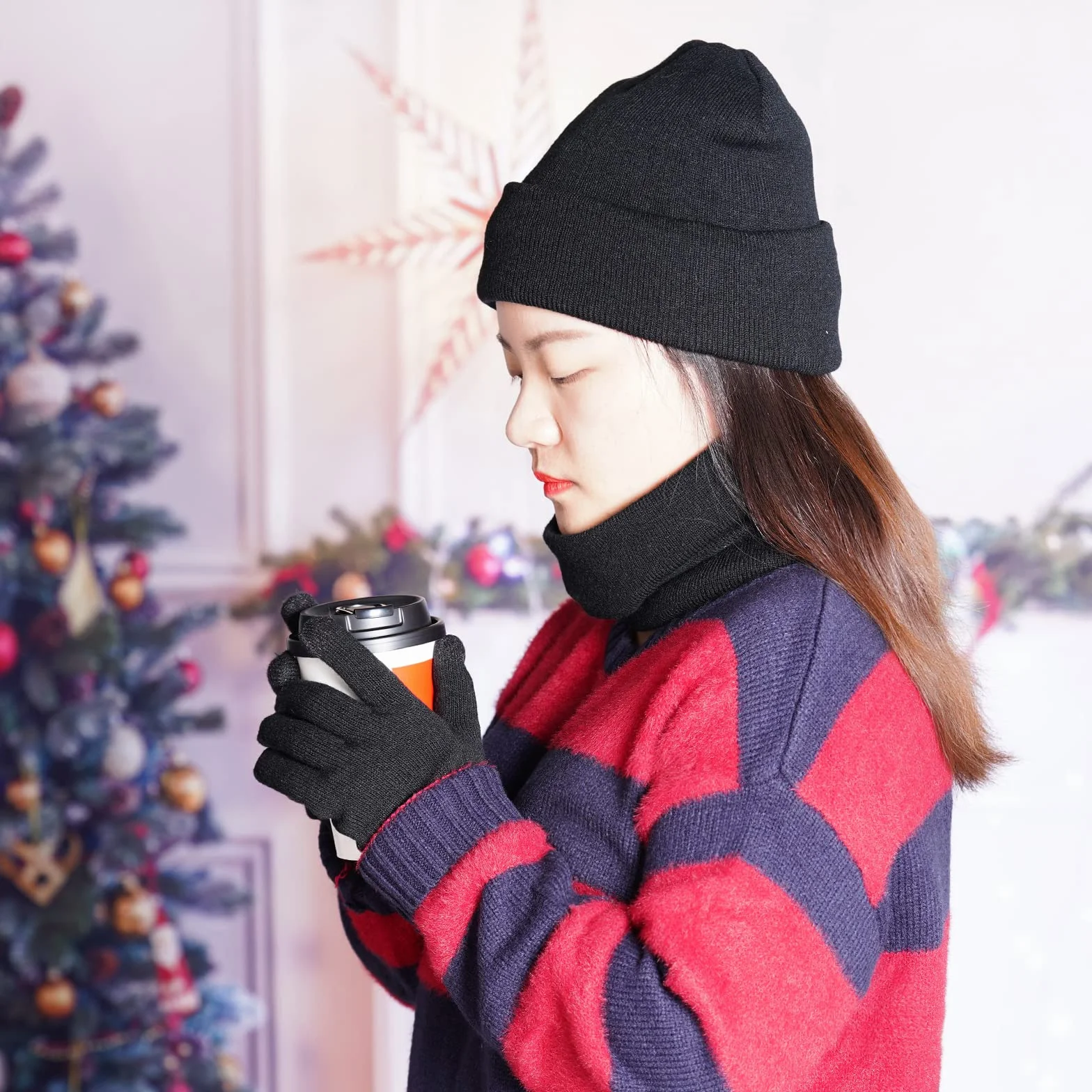 baotongle Zimowa czapka typu beanie, szalik, rękawiczki z funkcją obsługi ekranu dotykowe zestaw Zimowa czapka Męska szalik z ciepkim podszewkowym futrem dzianinowy dla mężczyzn i kobiet