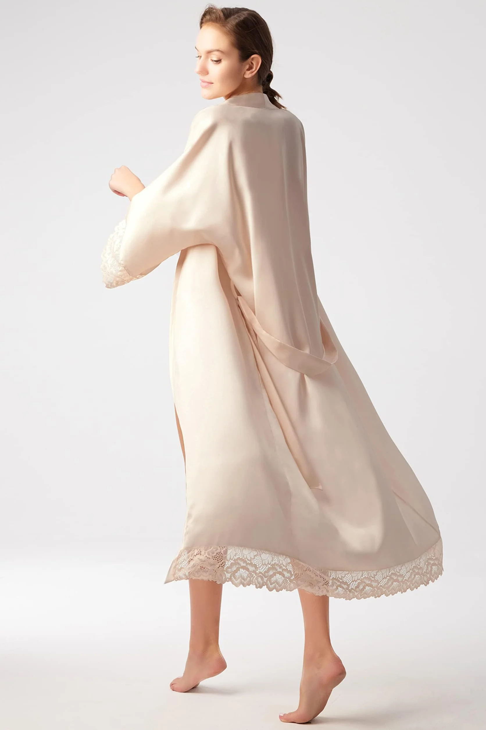 BABEYOND Damski szlafrok kimono z satyny, kimono, długi szlafrok, kolor, druhna, szlafrok kąpielowy z koronkowym wykończeniem, do bielizny nocnej, dla dziewczynki, na imprezę weselną, piżamowe przyjęcie