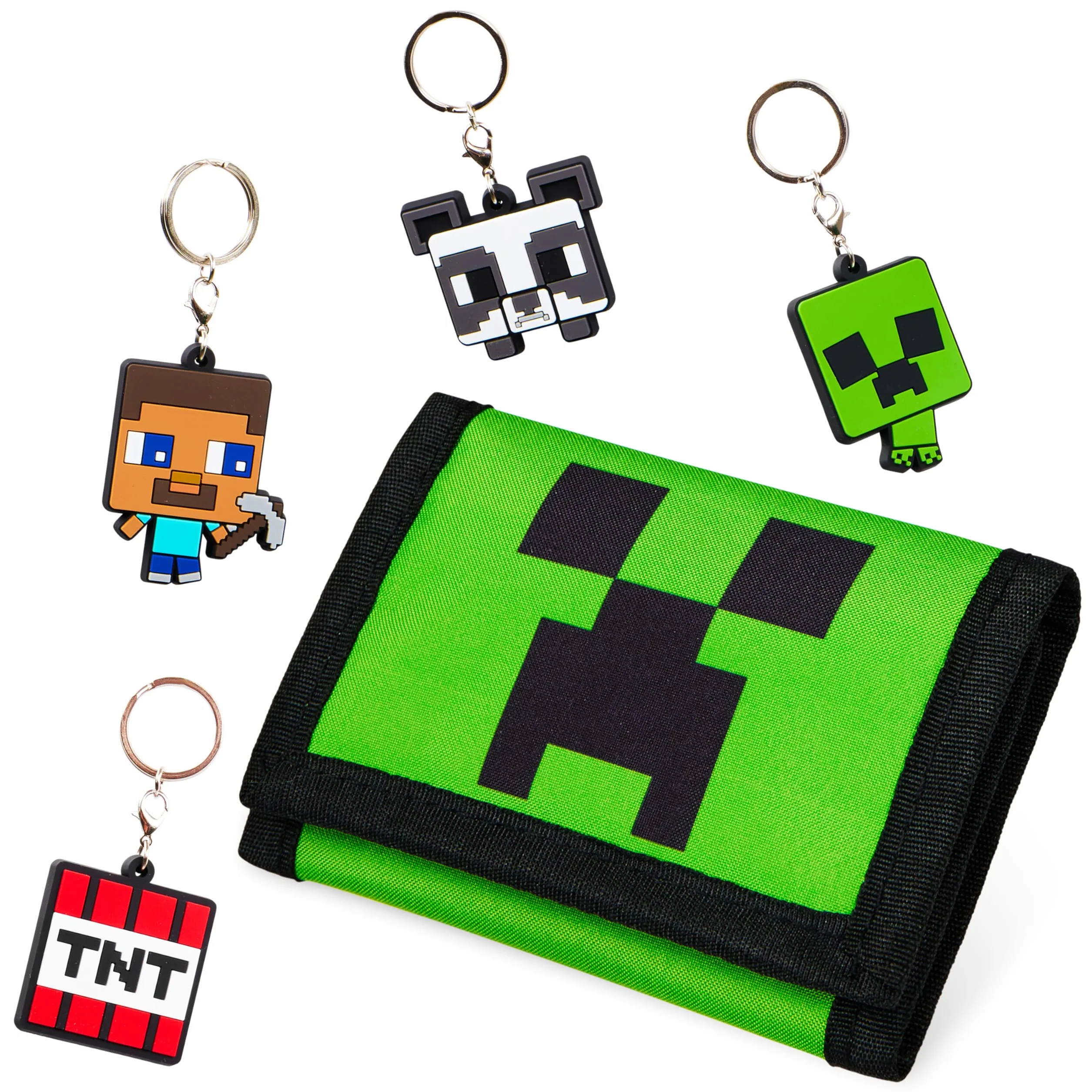Minecraft Portfel chłopięcy z przegródkami na karty i kieszenią na monety z zamkiem błyskawicznym - breloki Creeper dla dzieci akcesoria dla graczy, zestaw upominkowy - prezenty dla graczy