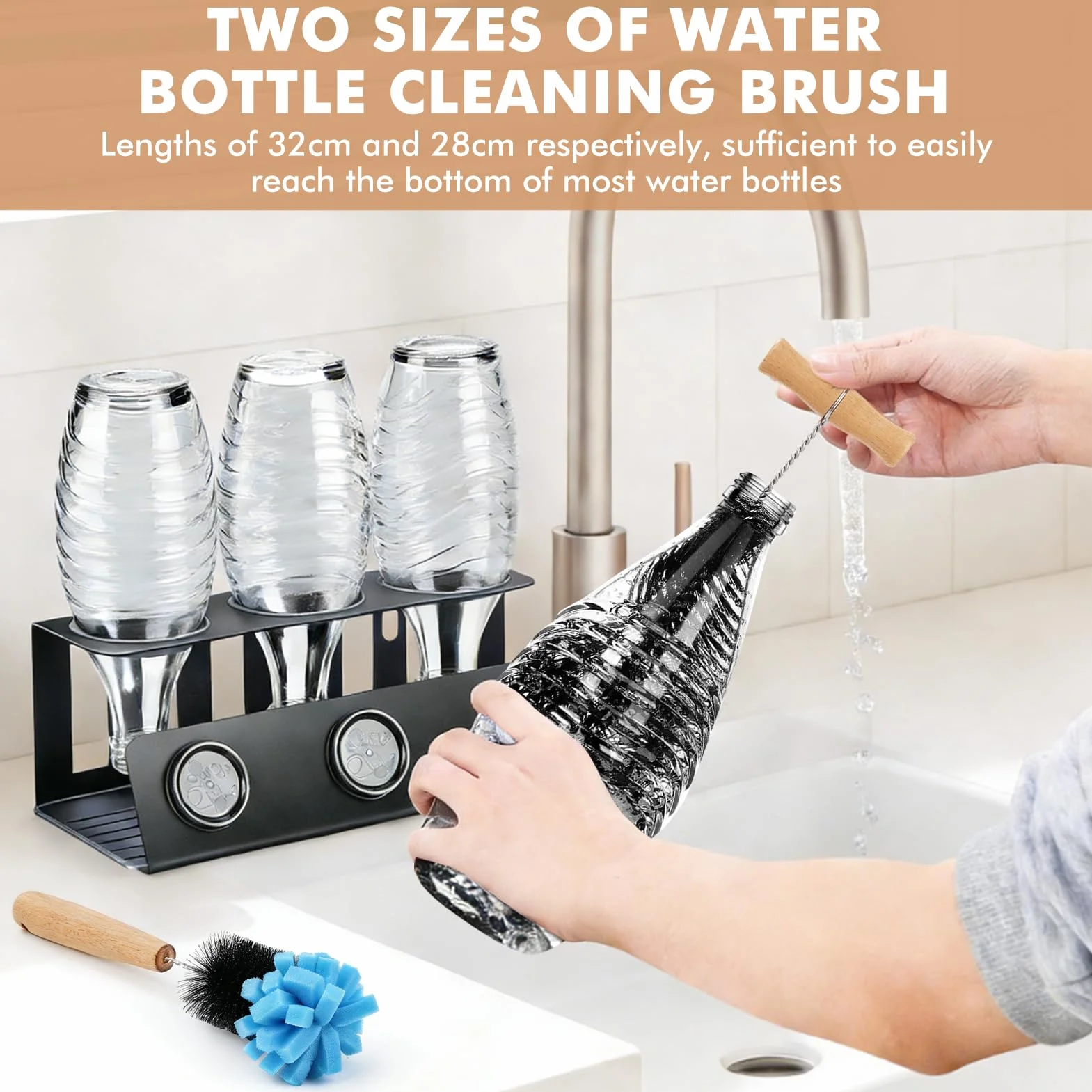 Zestaw 2 szczotek do butelek, kompatybilne z butelkami szklanymi Sodastream, 33 cm + 28 cm, z uchwytem ze stali nierdzewnej 304, twardym nylonowym włosiem i głowicą gąbkową, nie rysuje butelek