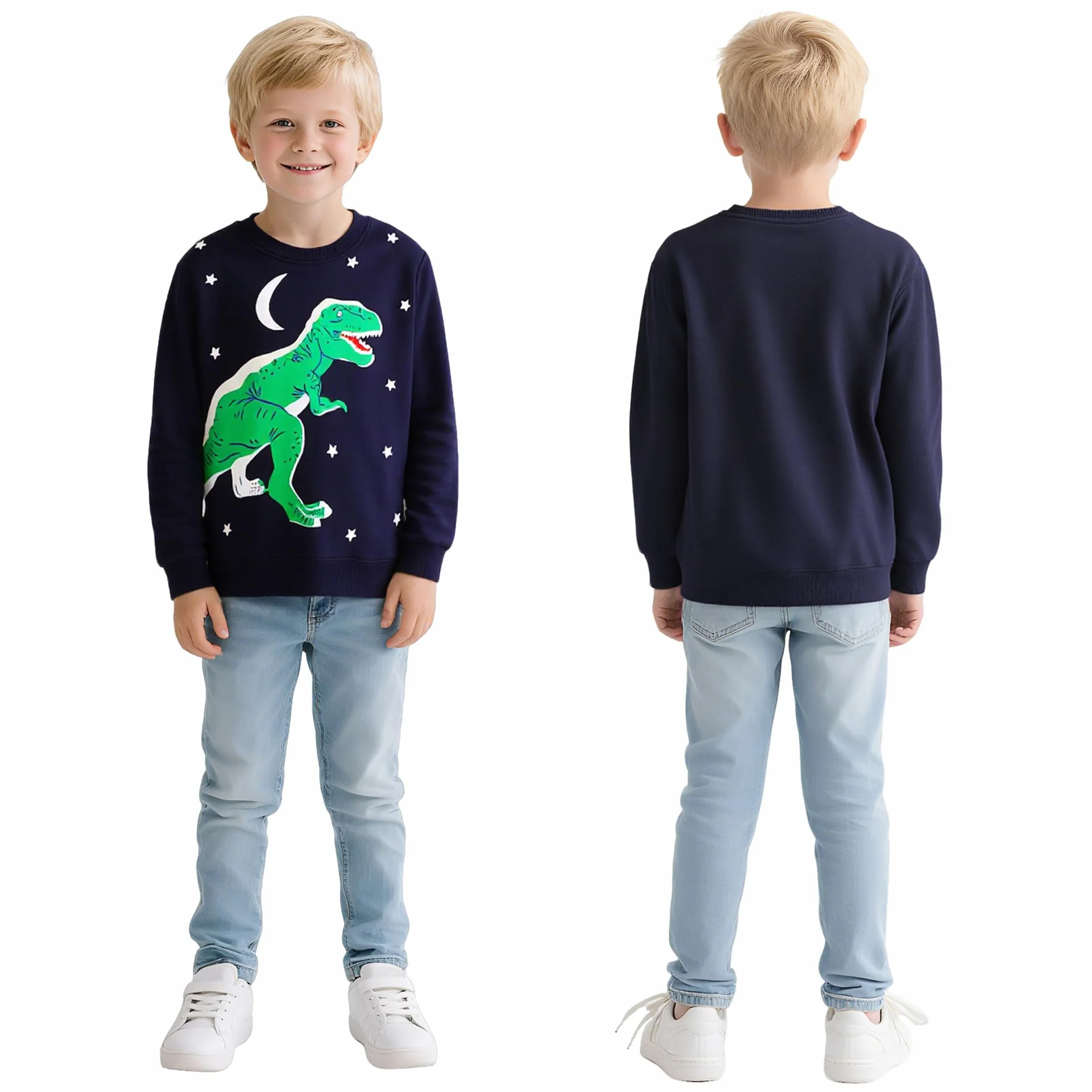 Bluza dla dzieci bawełna okrągły dekolt dinozaur sweter chłopiec z długim rękawem sweter bez kaptura swobodny sportowy sweter topy odzież dziecięca 2-7 lat